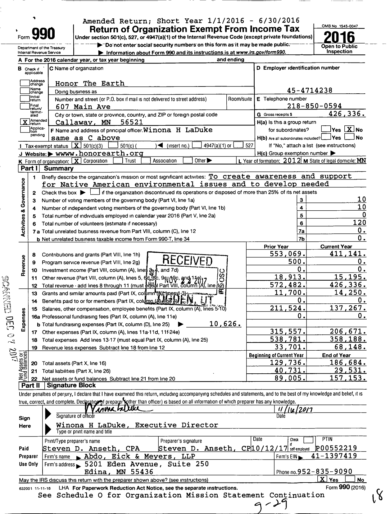 Image of first page of 2016 Form 990 for Honor the Earth