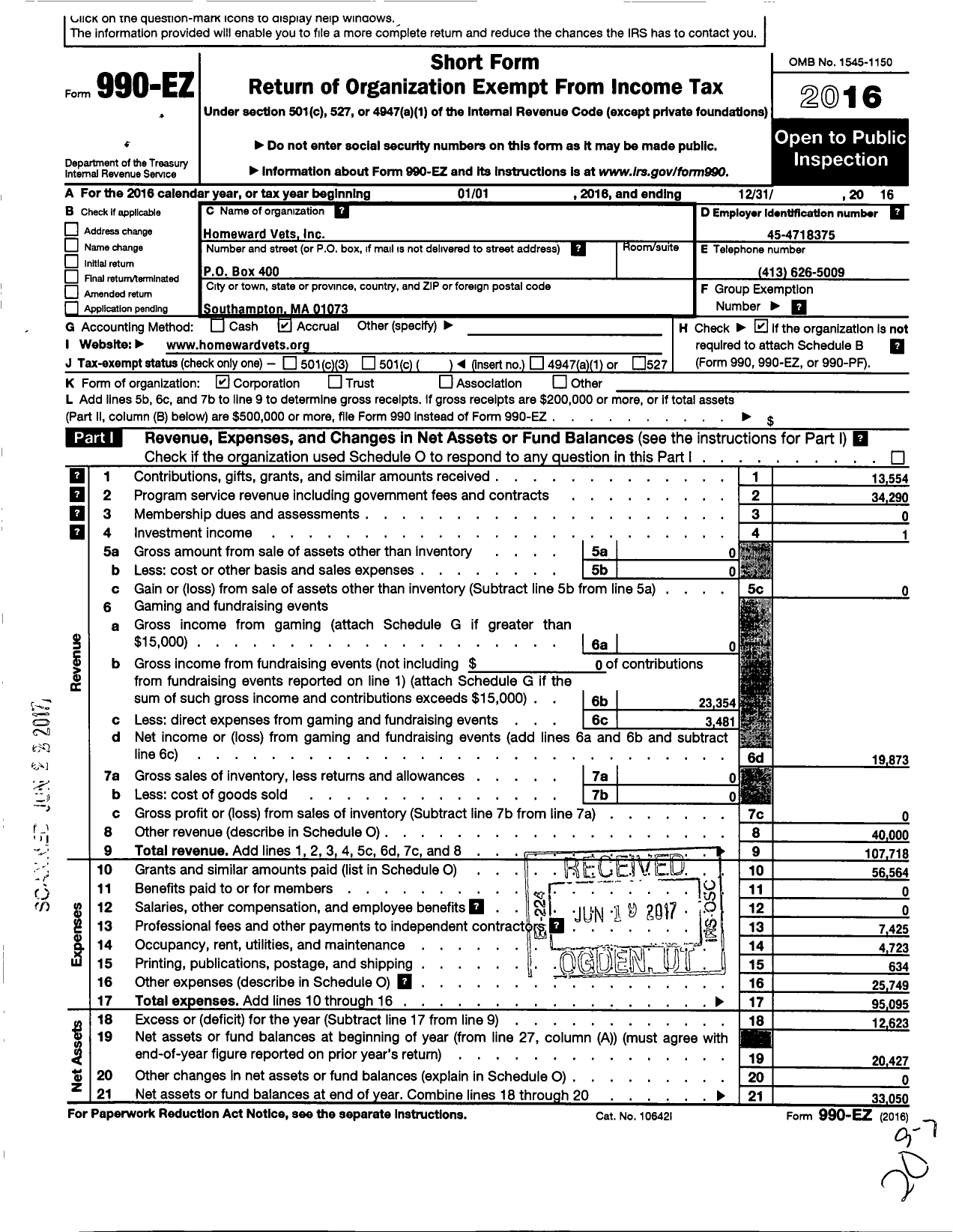 Image of first page of 2016 Form 990EO for Homeward Vets