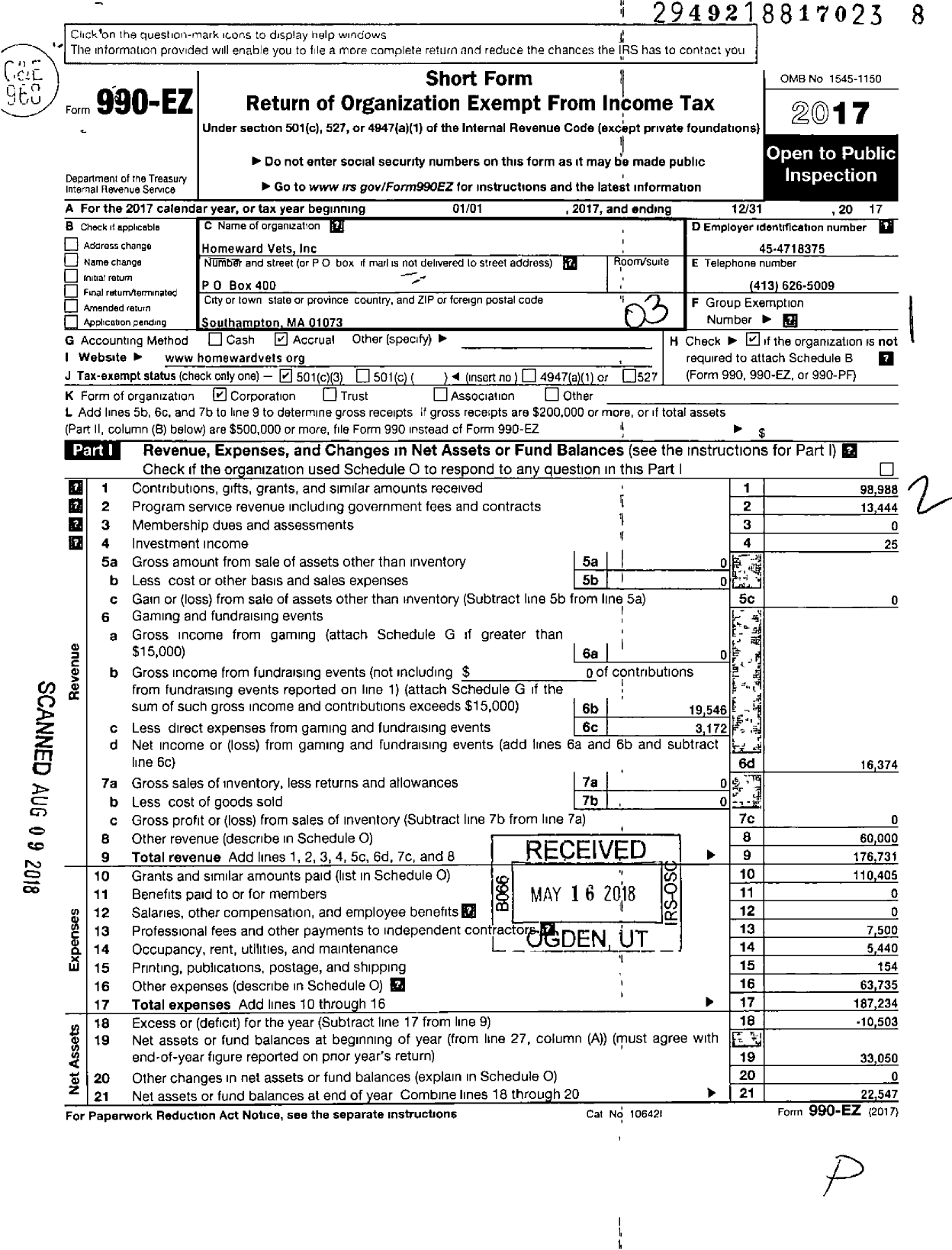 Image of first page of 2017 Form 990EZ for Homeward Vets