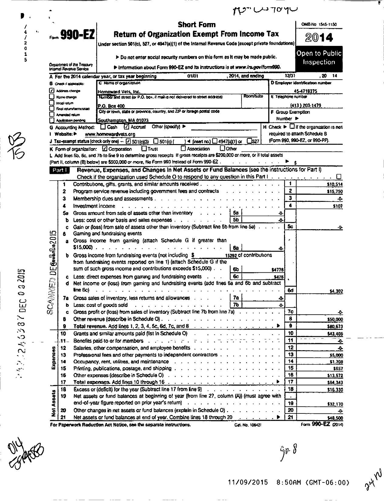 Image of first page of 2014 Form 990EZ for Homeward Vets