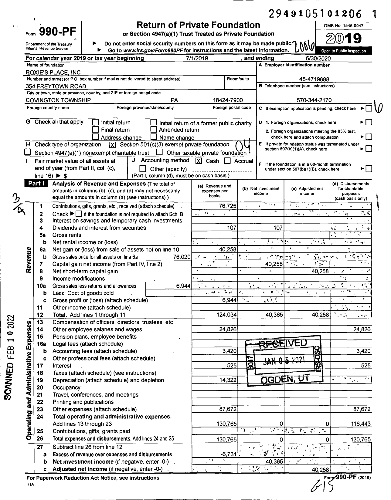 Image of first page of 2019 Form 990PF for Roxie's Place