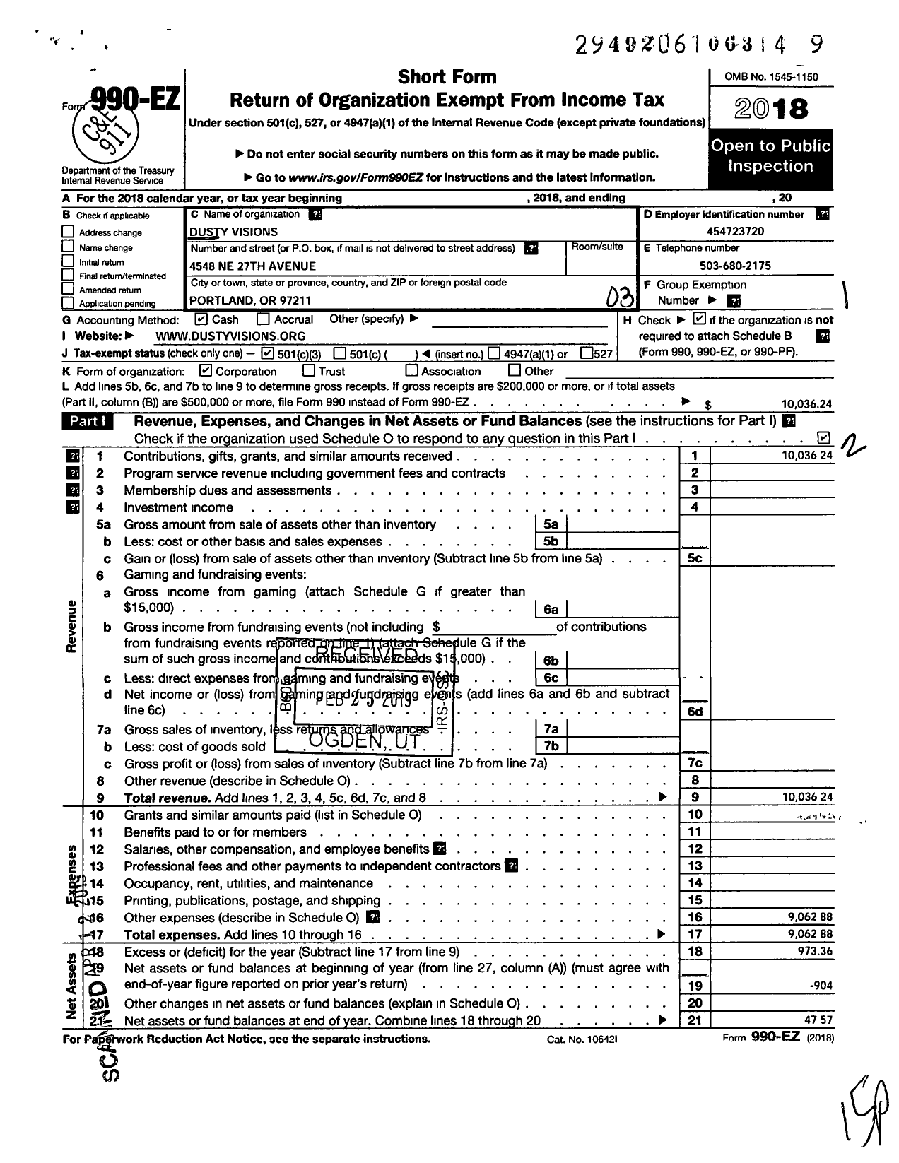 Image of first page of 2018 Form 990EZ for Dusty Visions