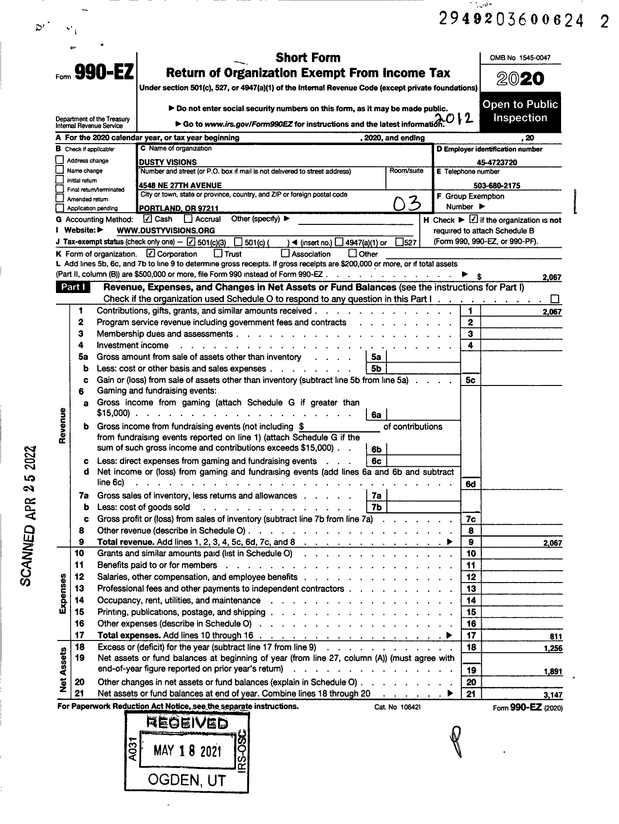 Image of first page of 2020 Form 990EZ for Dusty Visions