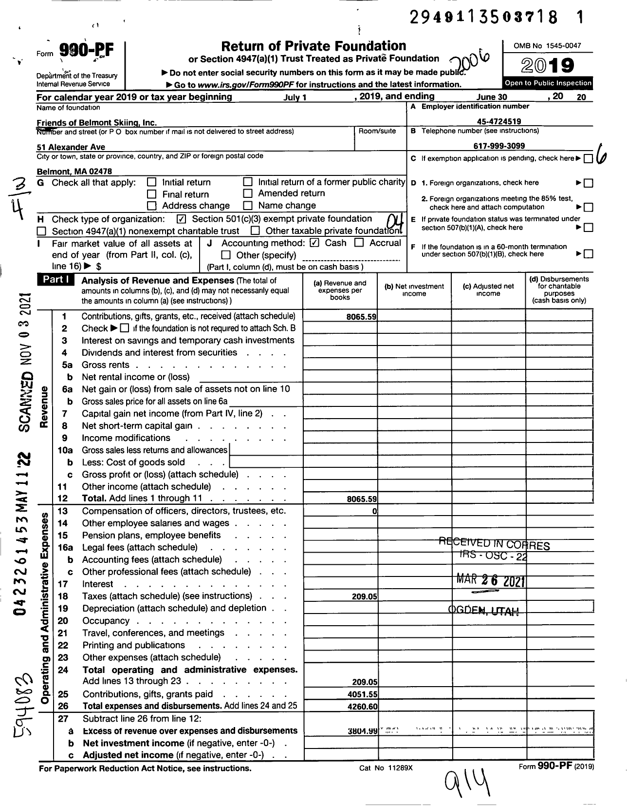 Image of first page of 2019 Form 990PF for Friends of Belmont Skiing