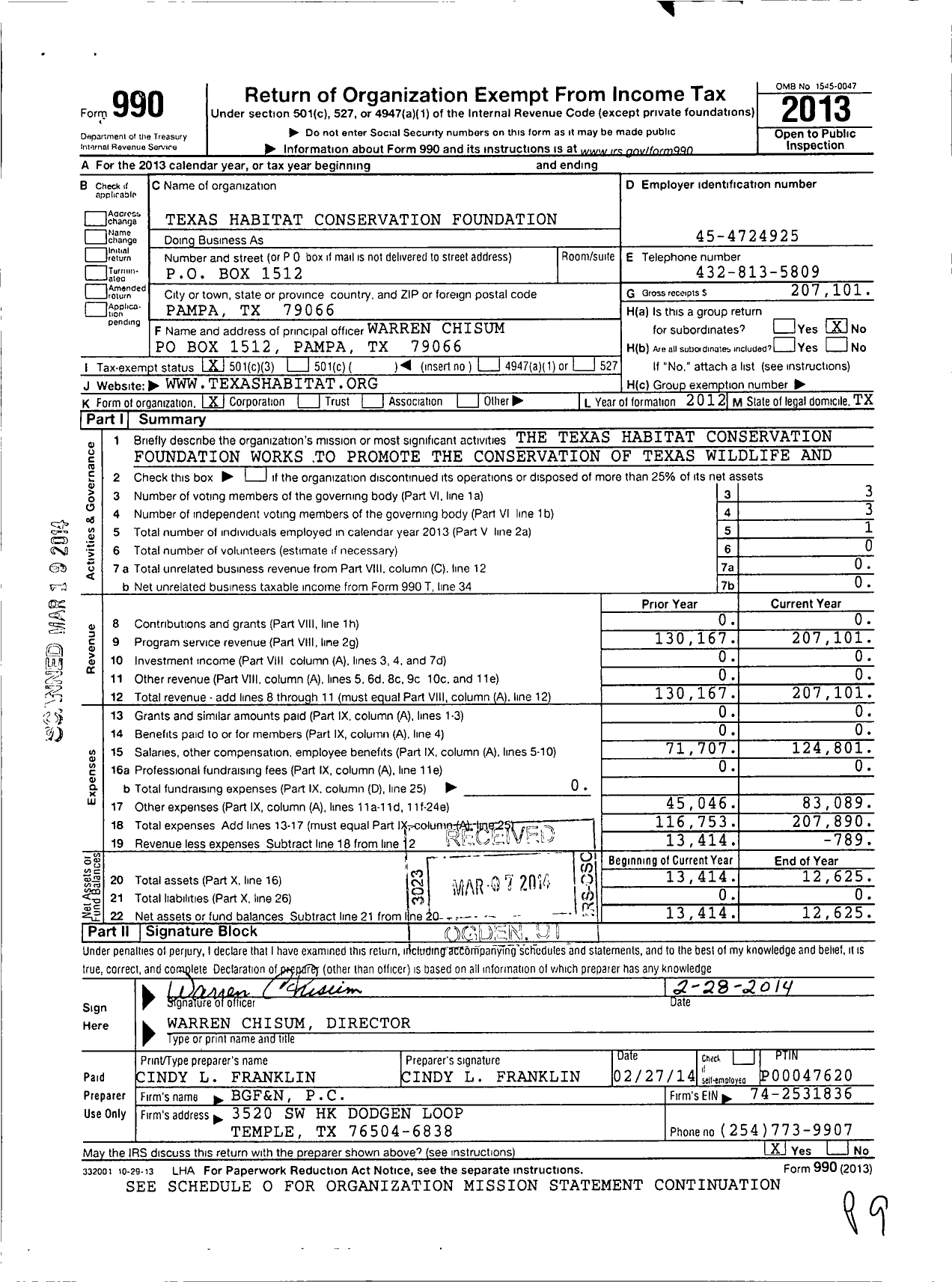 Image of first page of 2013 Form 990 for Texas Habitat Conservation Foundation