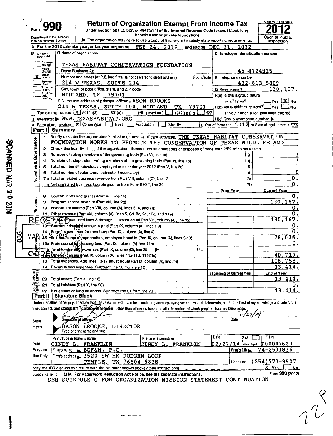 Image of first page of 2012 Form 990 for Texas Habitat Conservation Foundation