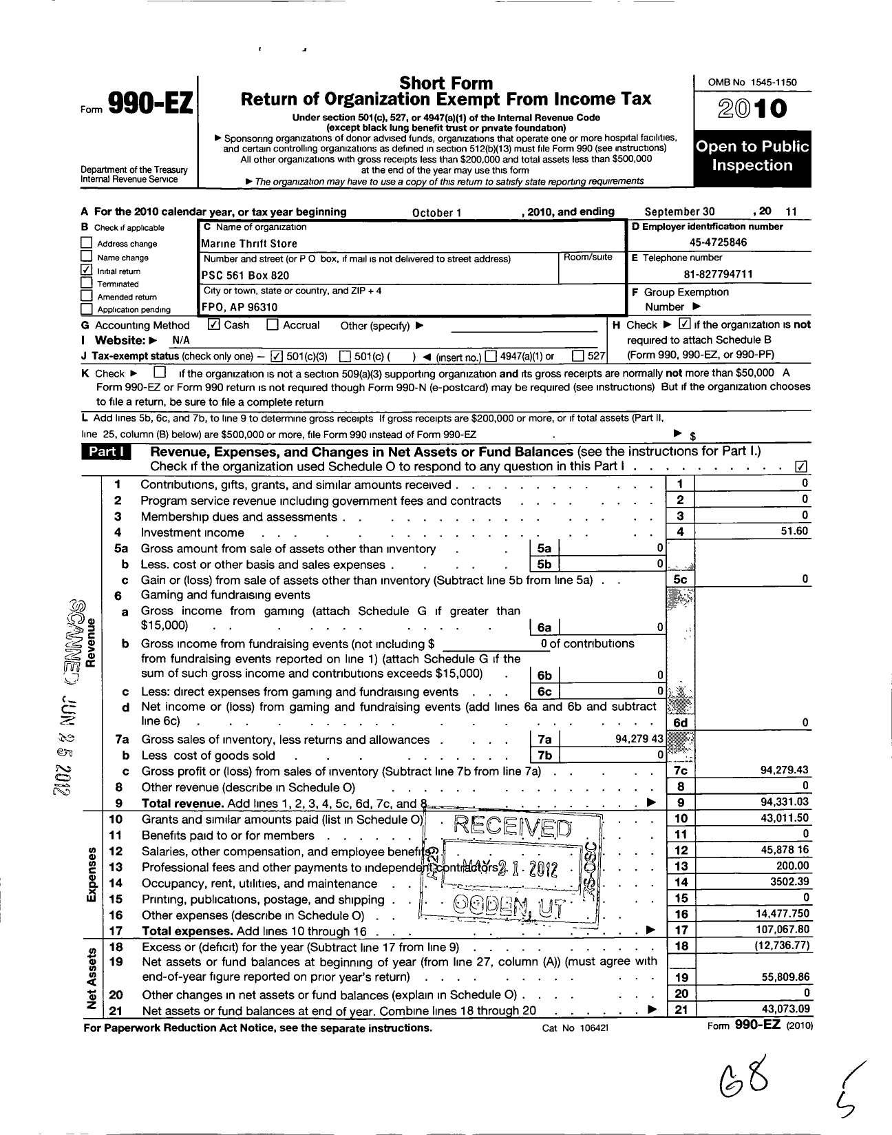 Image of first page of 2010 Form 990EZ for Marine Thrift Store