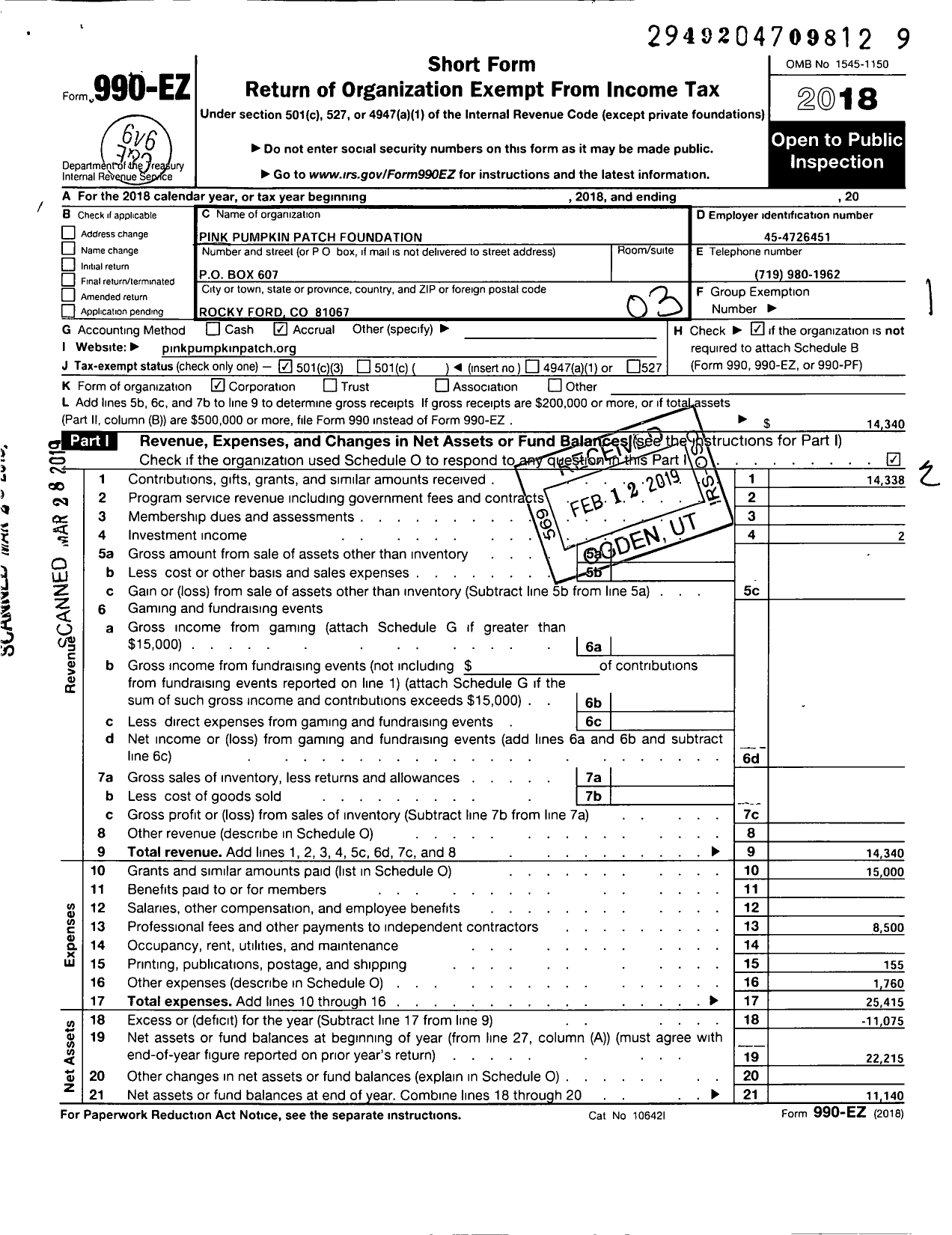 Image of first page of 2018 Form 990EZ for Pink Pumpkin Patch Foundation