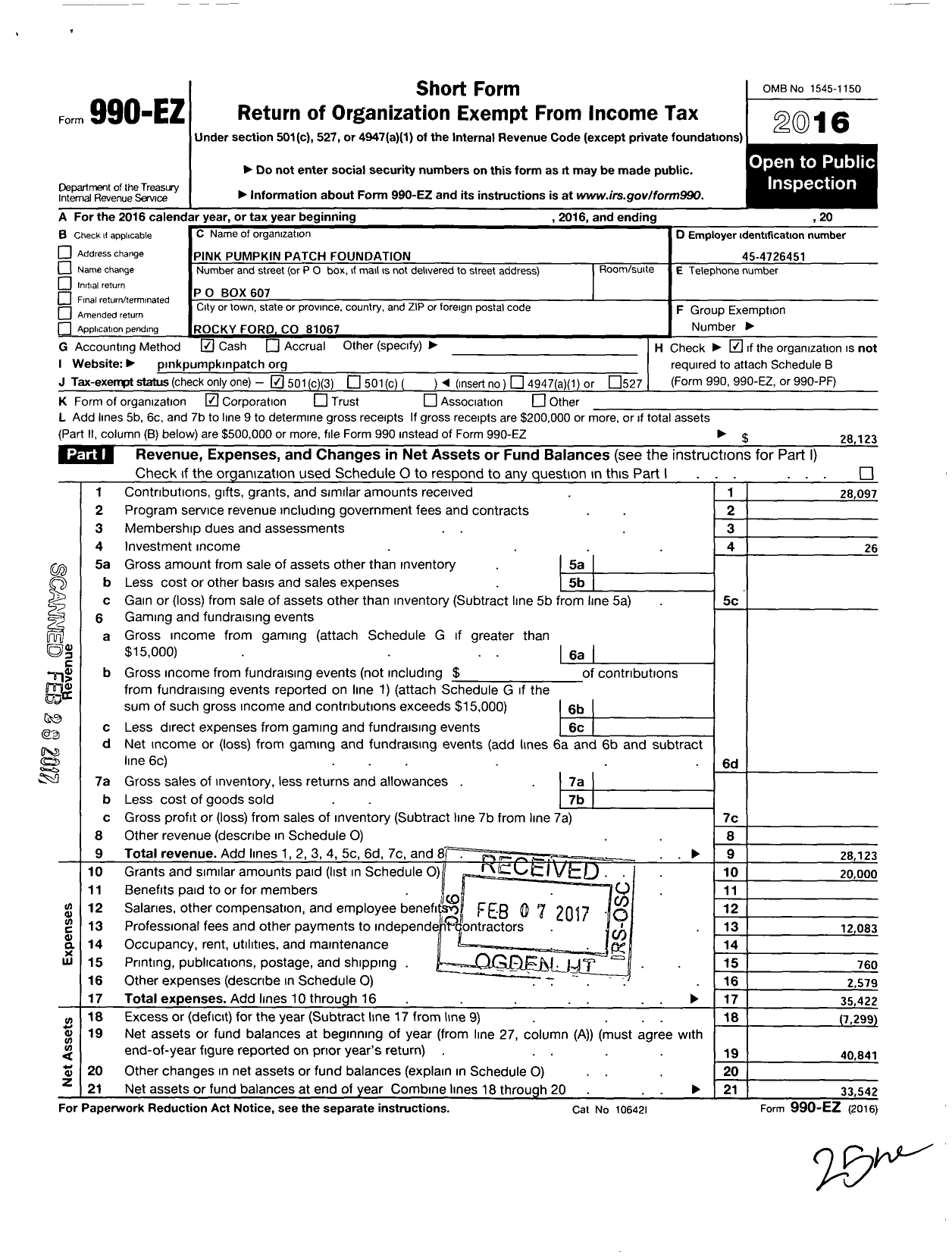 Image of first page of 2016 Form 990EZ for Pink Pumpkin Patch Foundation
