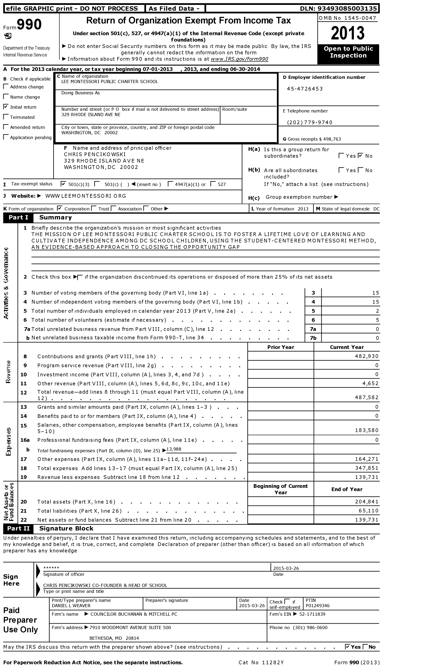 Image of first page of 2013 Form 990 for Lee Montessori Public Charter School