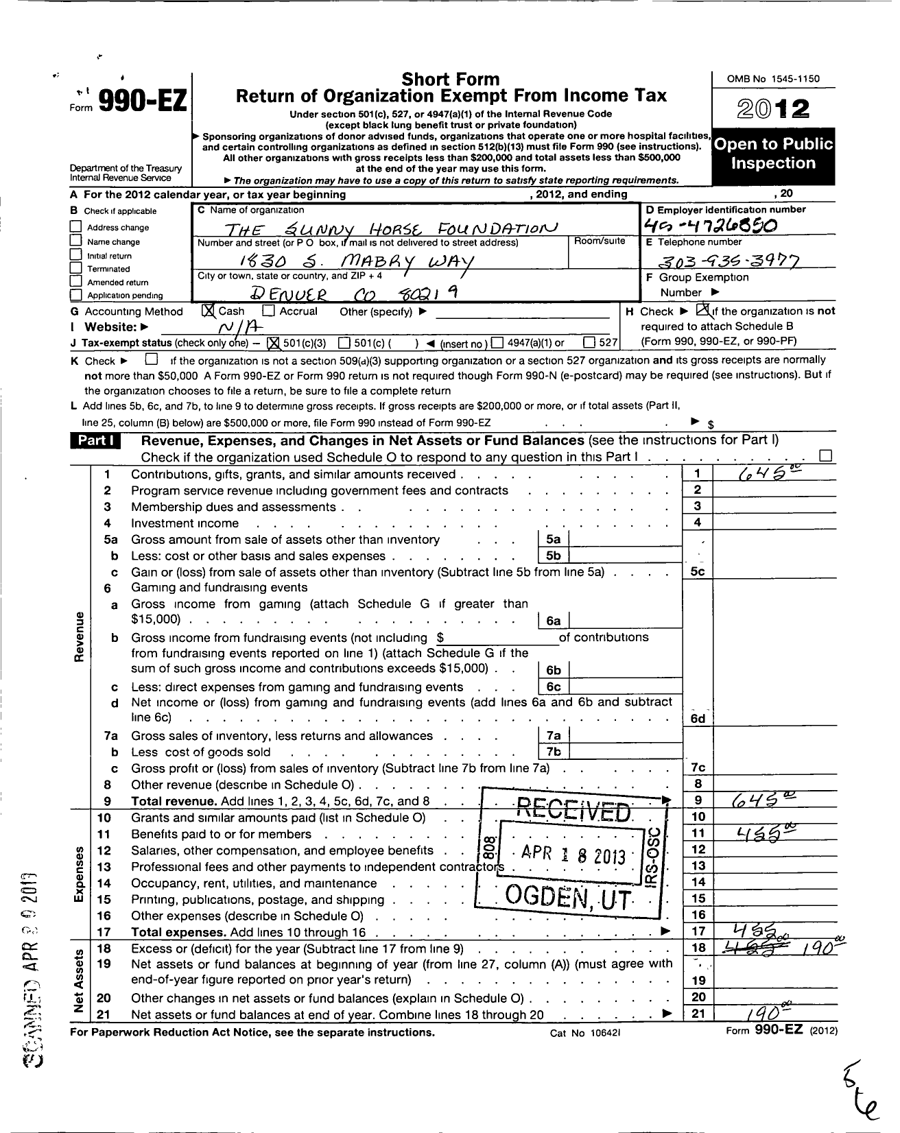 Image of first page of 2012 Form 990EZ for Sunny Horse Foundation