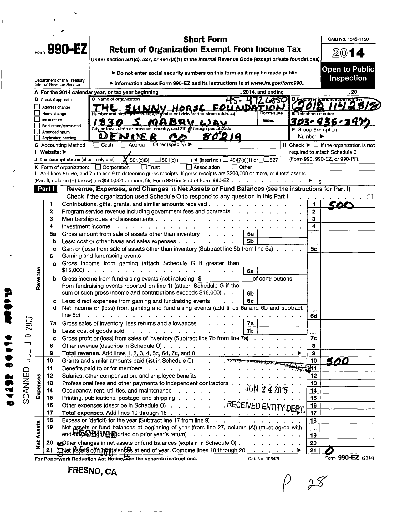 Image of first page of 2014 Form 990EZ for Sunny Horse Foundation