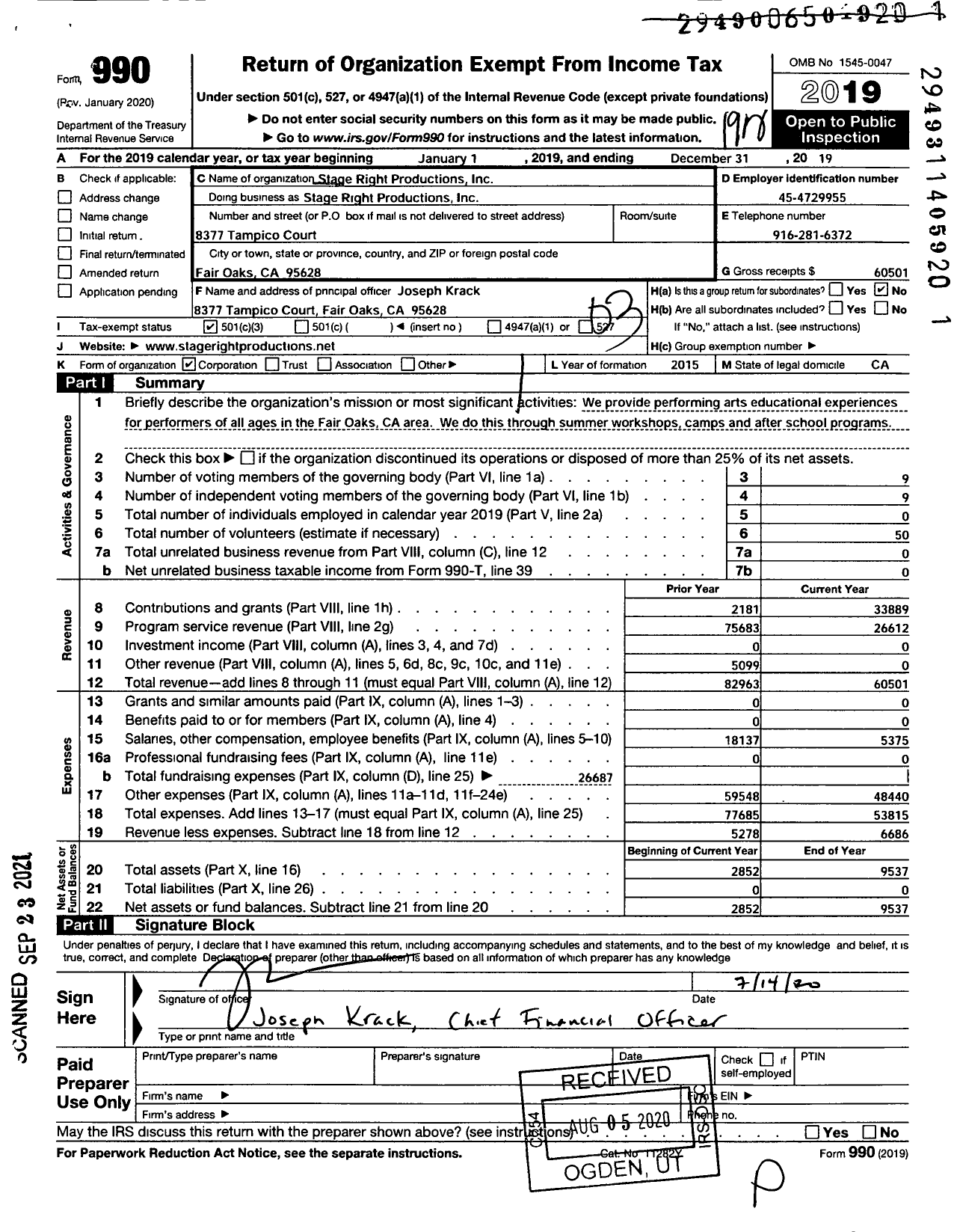 Image of first page of 2019 Form 990 for Stage Right Productions