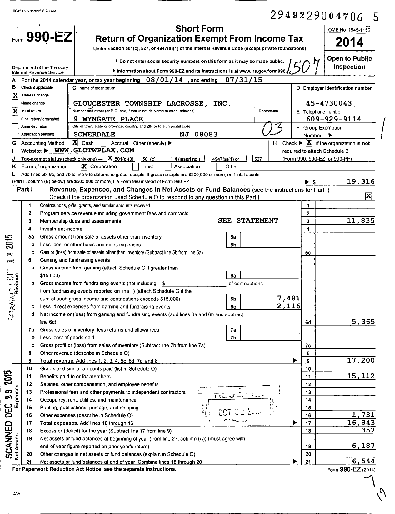 Image of first page of 2014 Form 990EZ for Gloucester Township Lacrosse