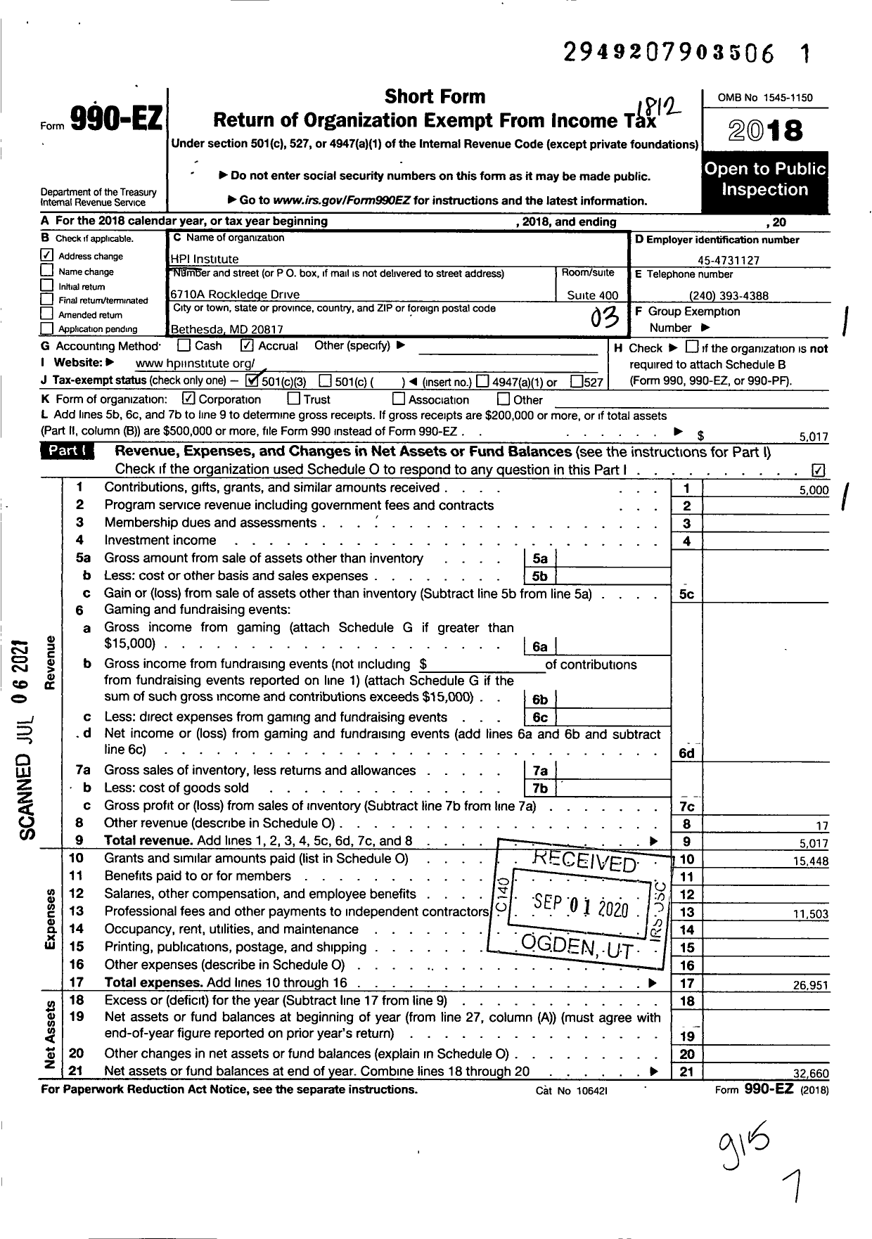 Image of first page of 2018 Form 990EZ for Hpi Institute