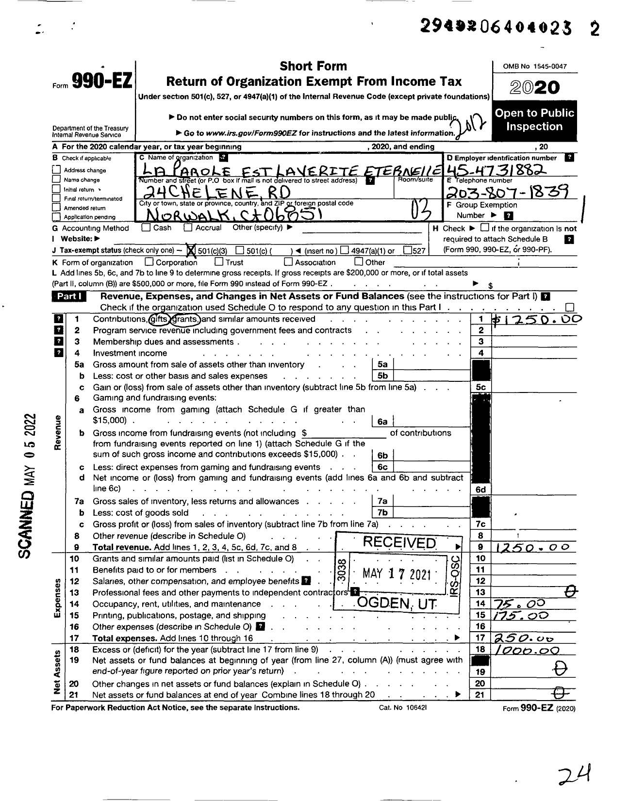 Image of first page of 2020 Form 990EZ for La Parole Et La Verite Eternelle