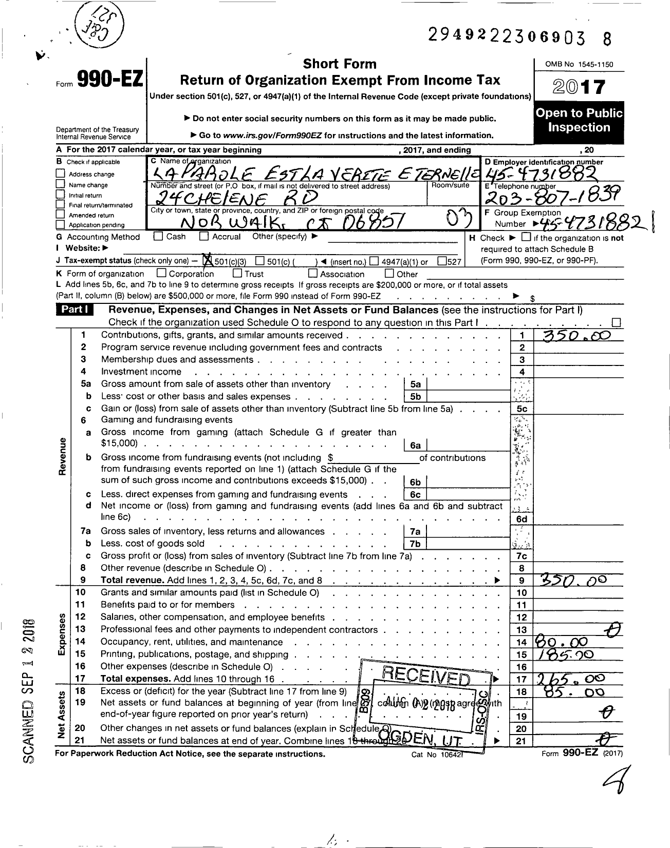 Image of first page of 2017 Form 990EZ for La Parole Et La Verite Eternelle