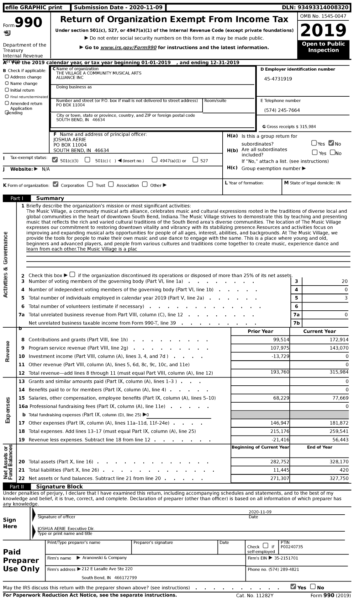 Image of first page of 2019 Form 990 for The Music Village