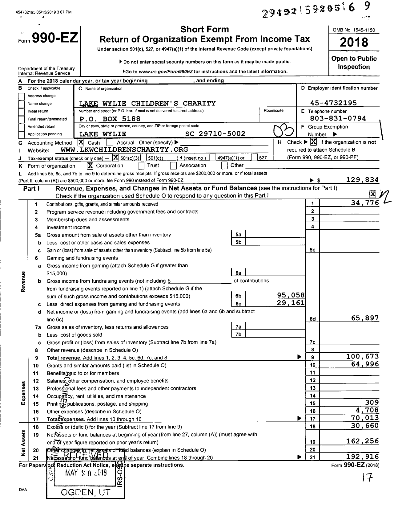 Image of first page of 2018 Form 990EZ for Lake Wylie Children's Charity