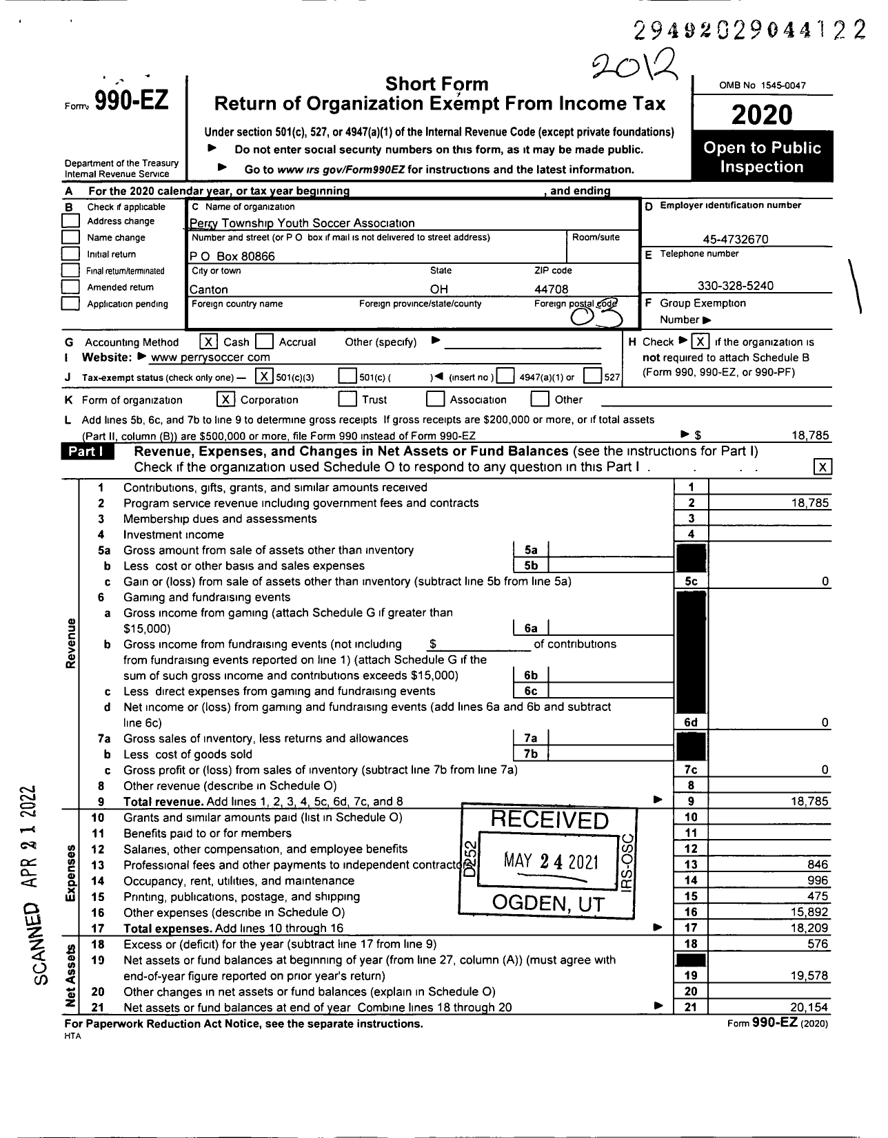 Image of first page of 2020 Form 990EZ for Perry Township Youth Soccer Association