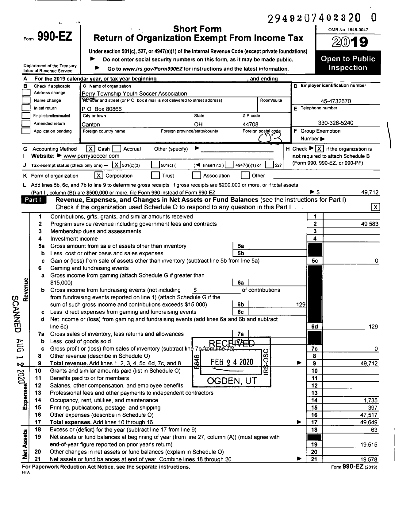 Image of first page of 2019 Form 990EZ for Perry Township Youth Soccer Association