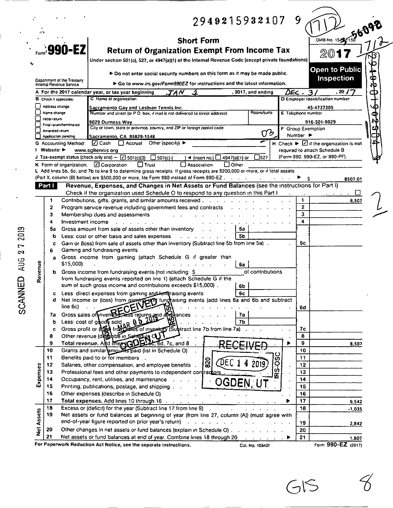 Image of first page of 2017 Form 990EZ for Sacramento Gay and Lesbian Tennis