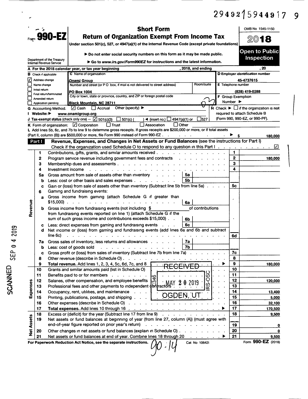 Image of first page of 2018 Form 990EZ for Onami Group