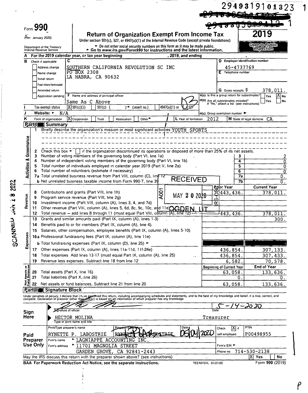 Image of first page of 2019 Form 990 for Southern California Revolution SC