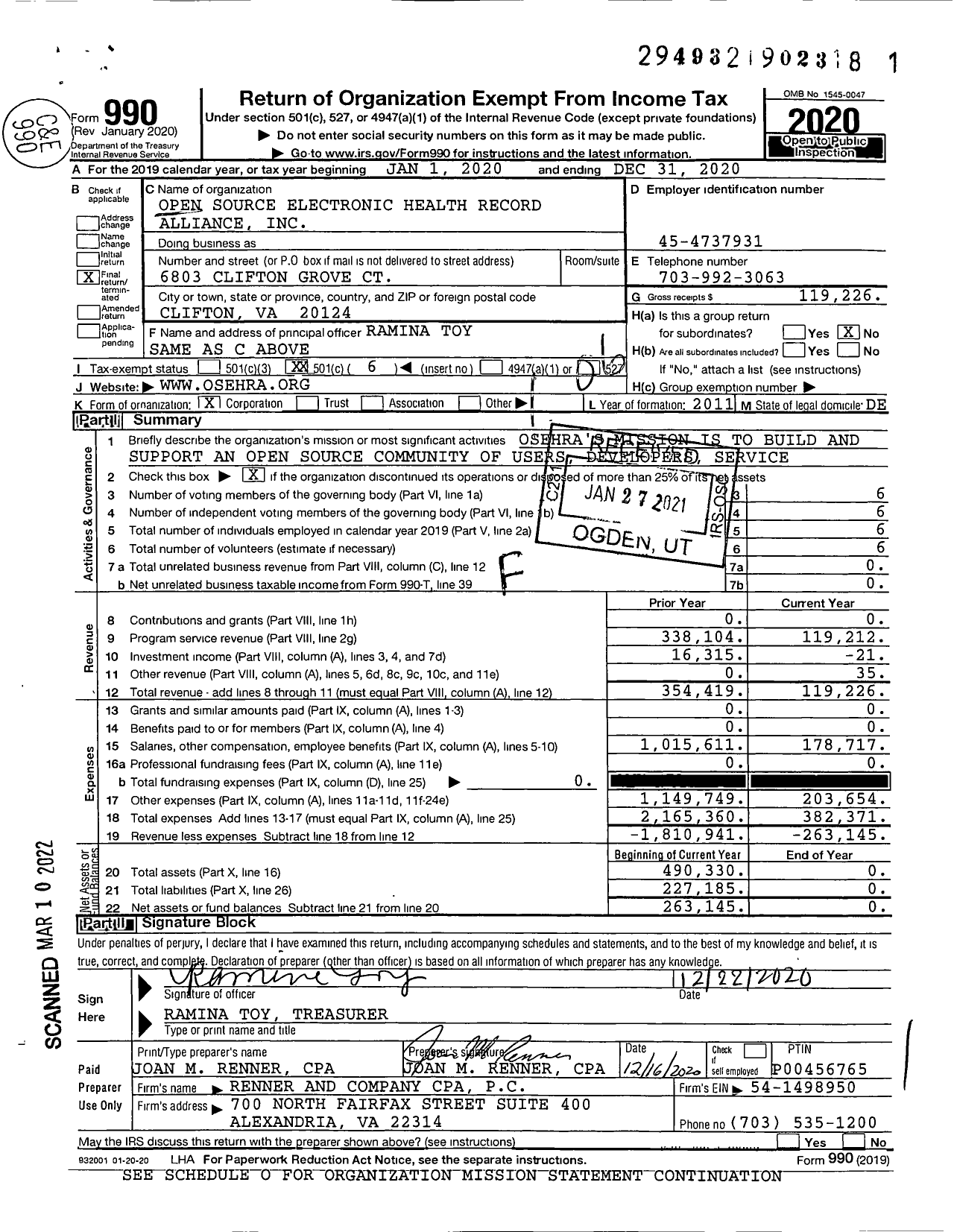 Image of first page of 2020 Form 990O for Open Source Electronic Health Record Alliance -- (OSEHRA)