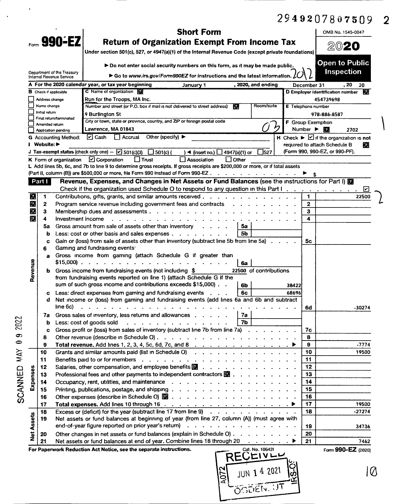 Image of first page of 2020 Form 990EZ for Run for the Troops Ma