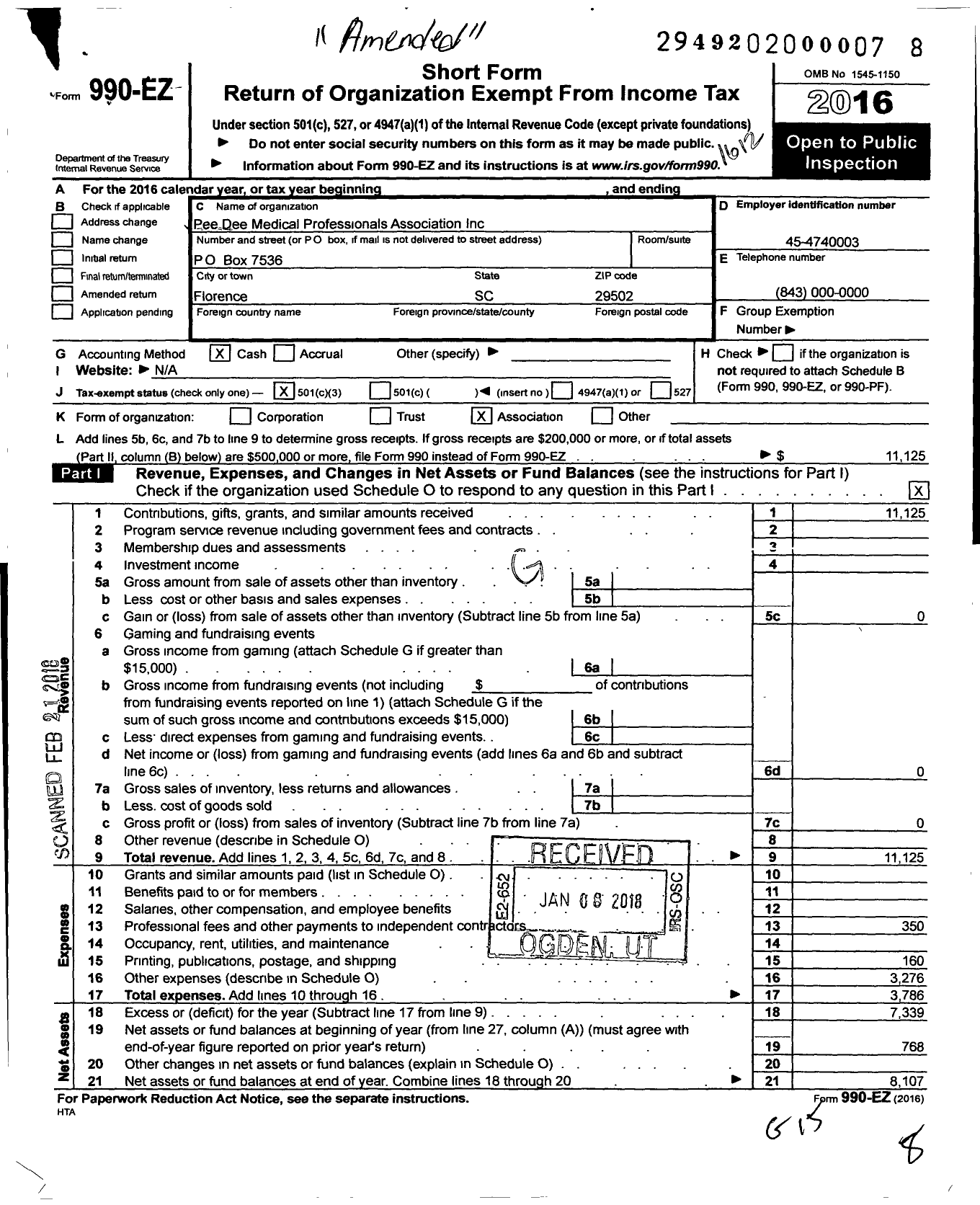 Image of first page of 2016 Form 990EZ for Pee Dee Medical Professionals Association