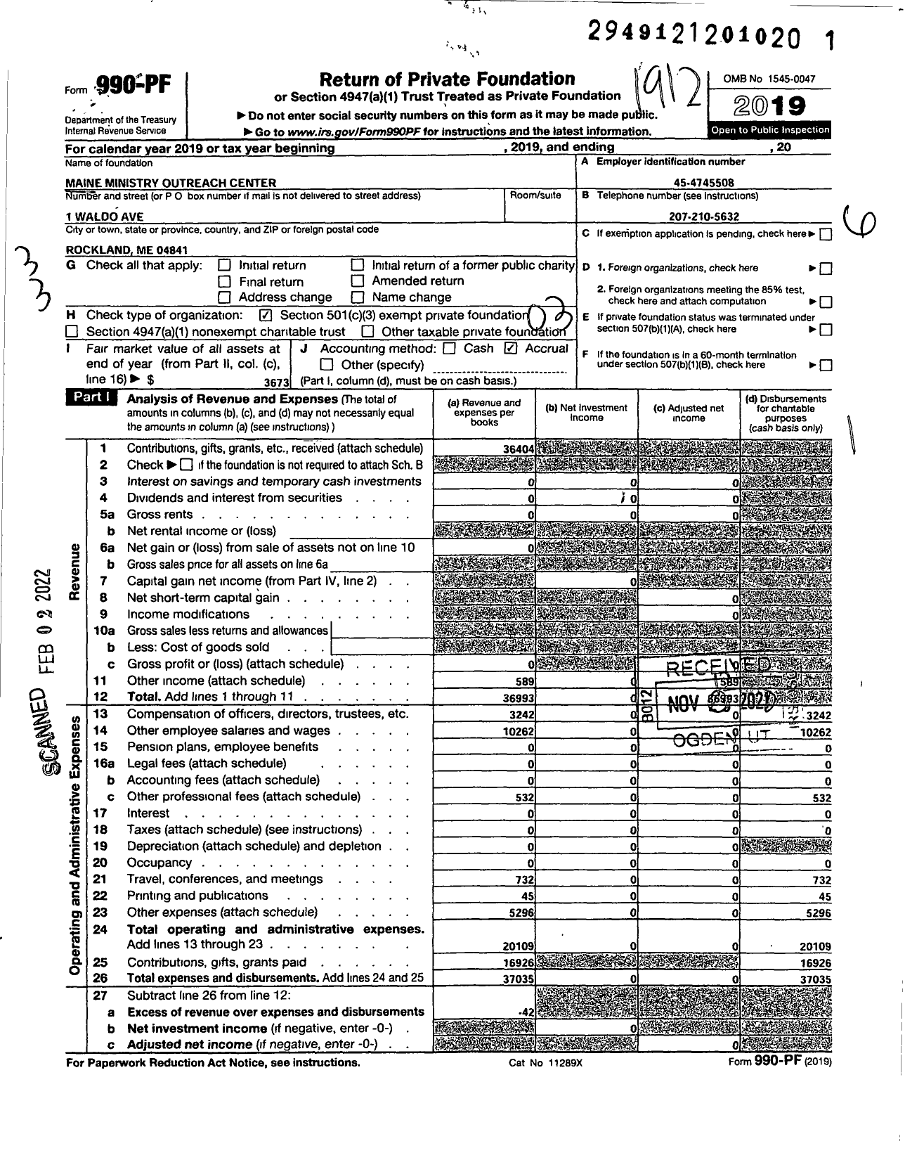 Image of first page of 2019 Form 990PF for Maine Ministry Outreach Center