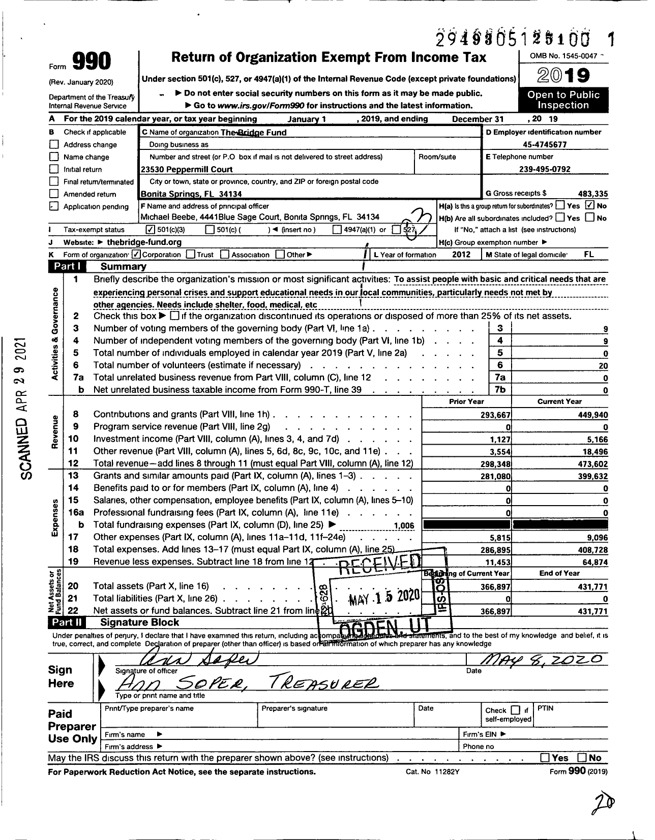 Image of first page of 2019 Form 990 for The Bridge Fund