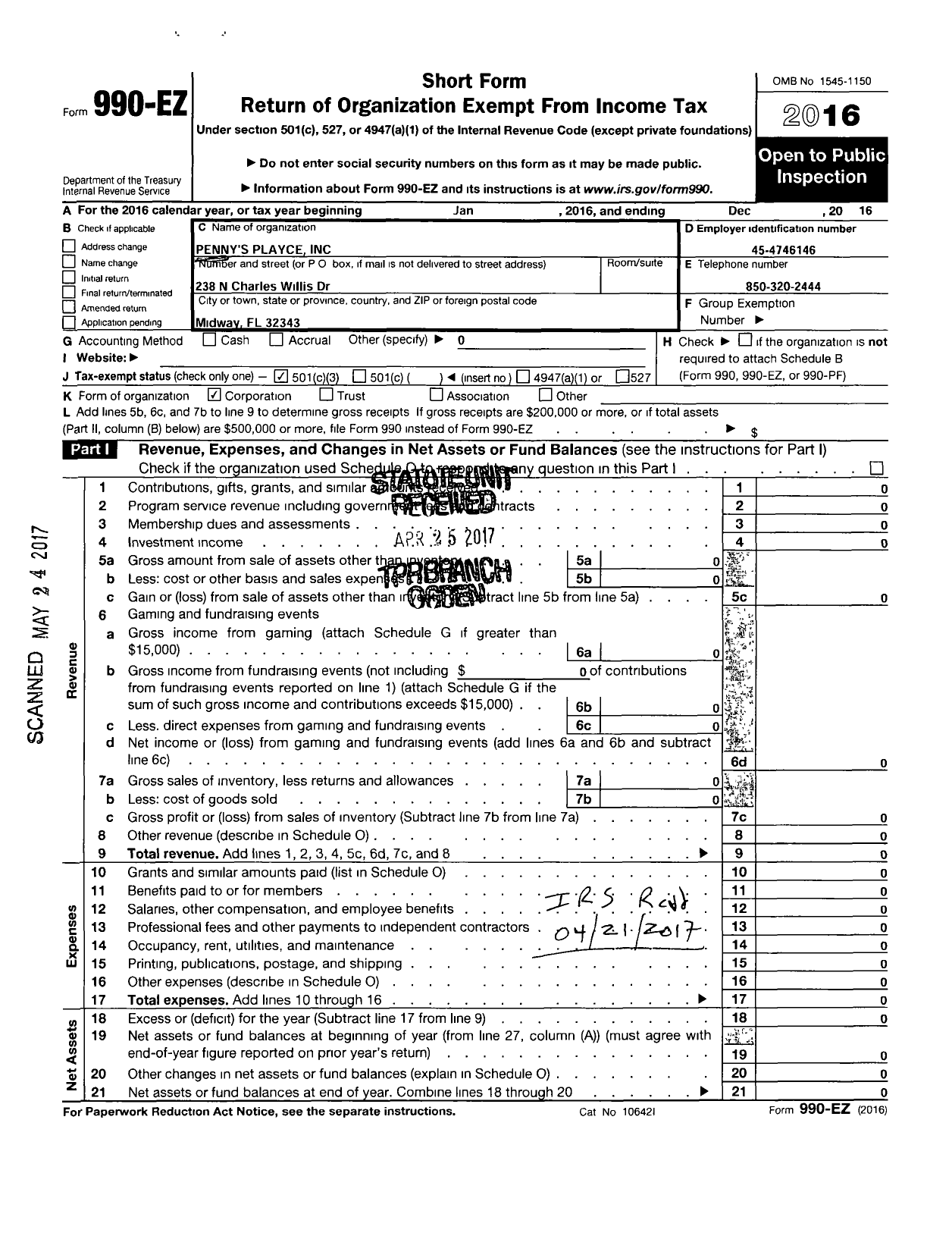 Image of first page of 2016 Form 990EZ for Pennys Playce