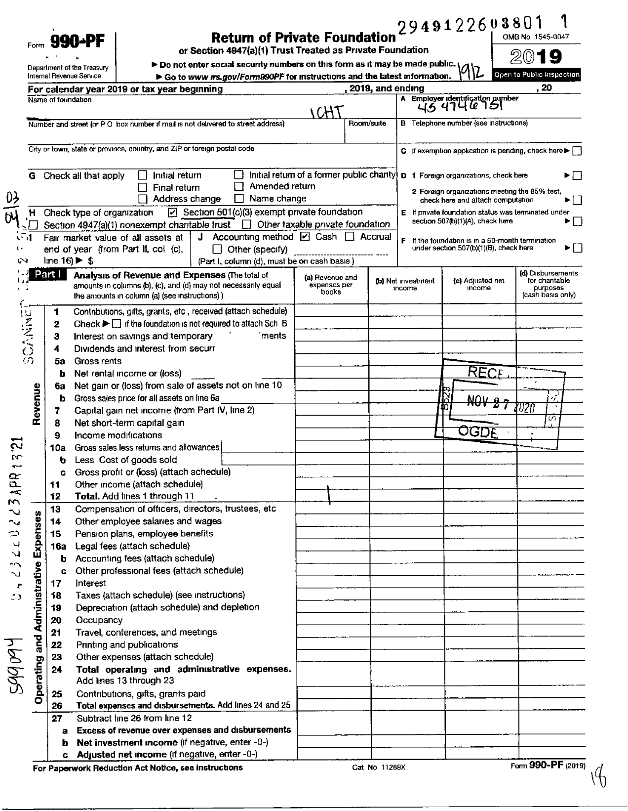 Image of first page of 2019 Form 990PF for Ichthus Charitable Foundation