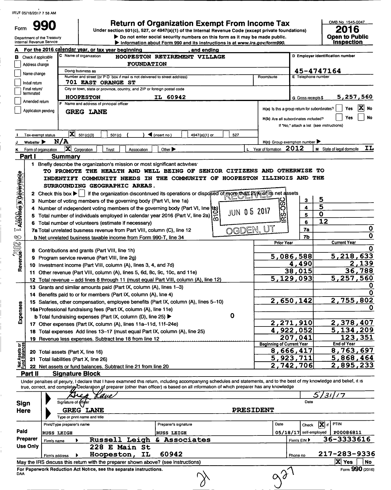 Image of first page of 2016 Form 990 for Hoopeston Retirement Village Foundation