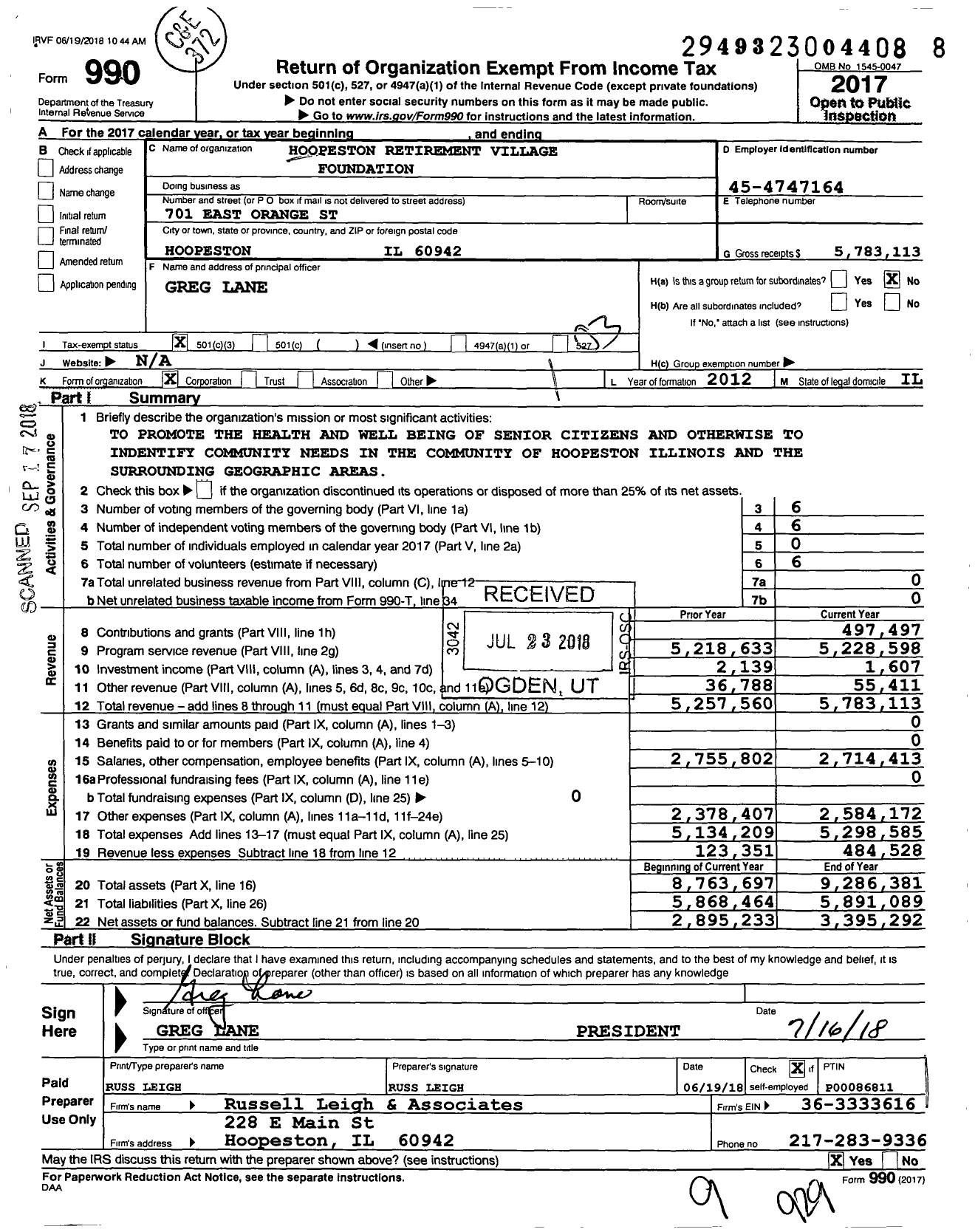 Image of first page of 2017 Form 990 for Hoopeston Retirement Village Foundation