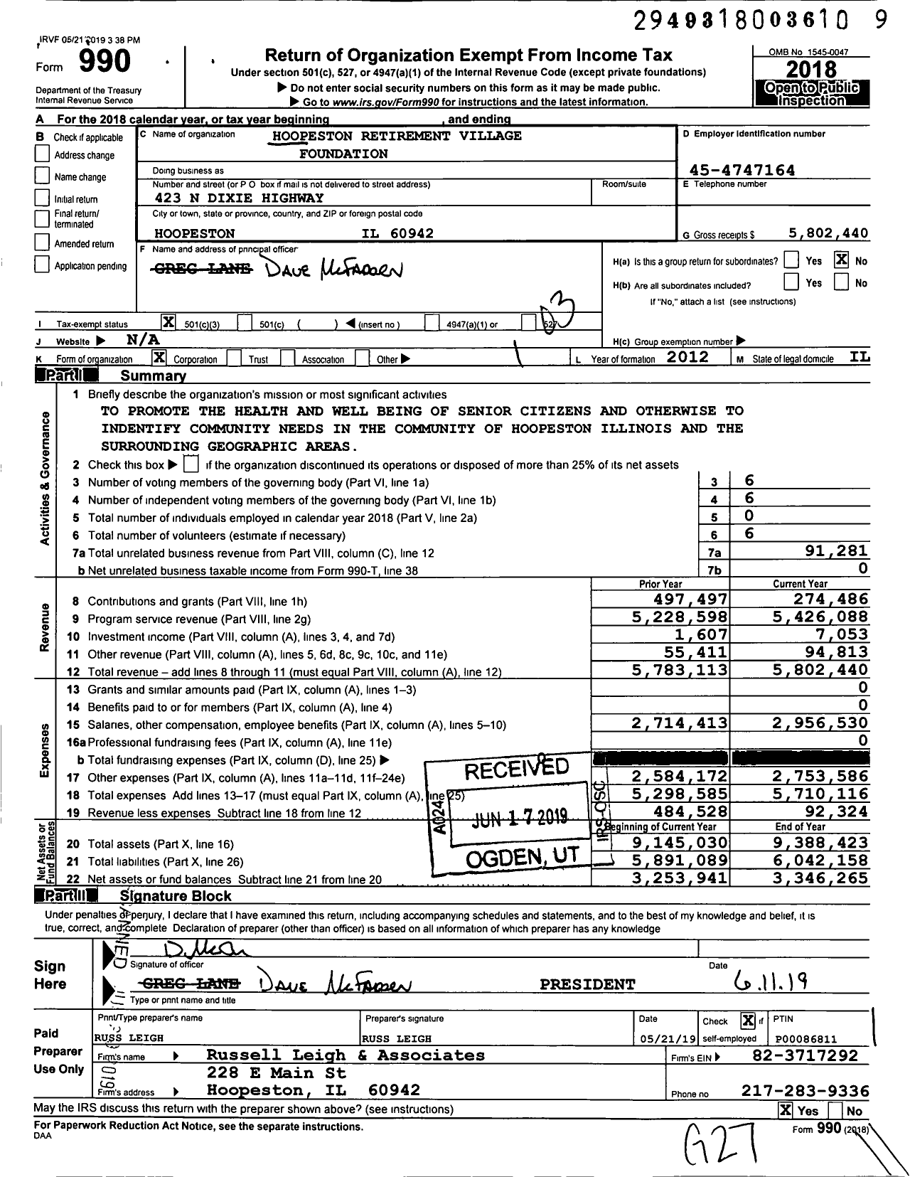 Image of first page of 2018 Form 990 for Hoopeston Retirement Village Foundation