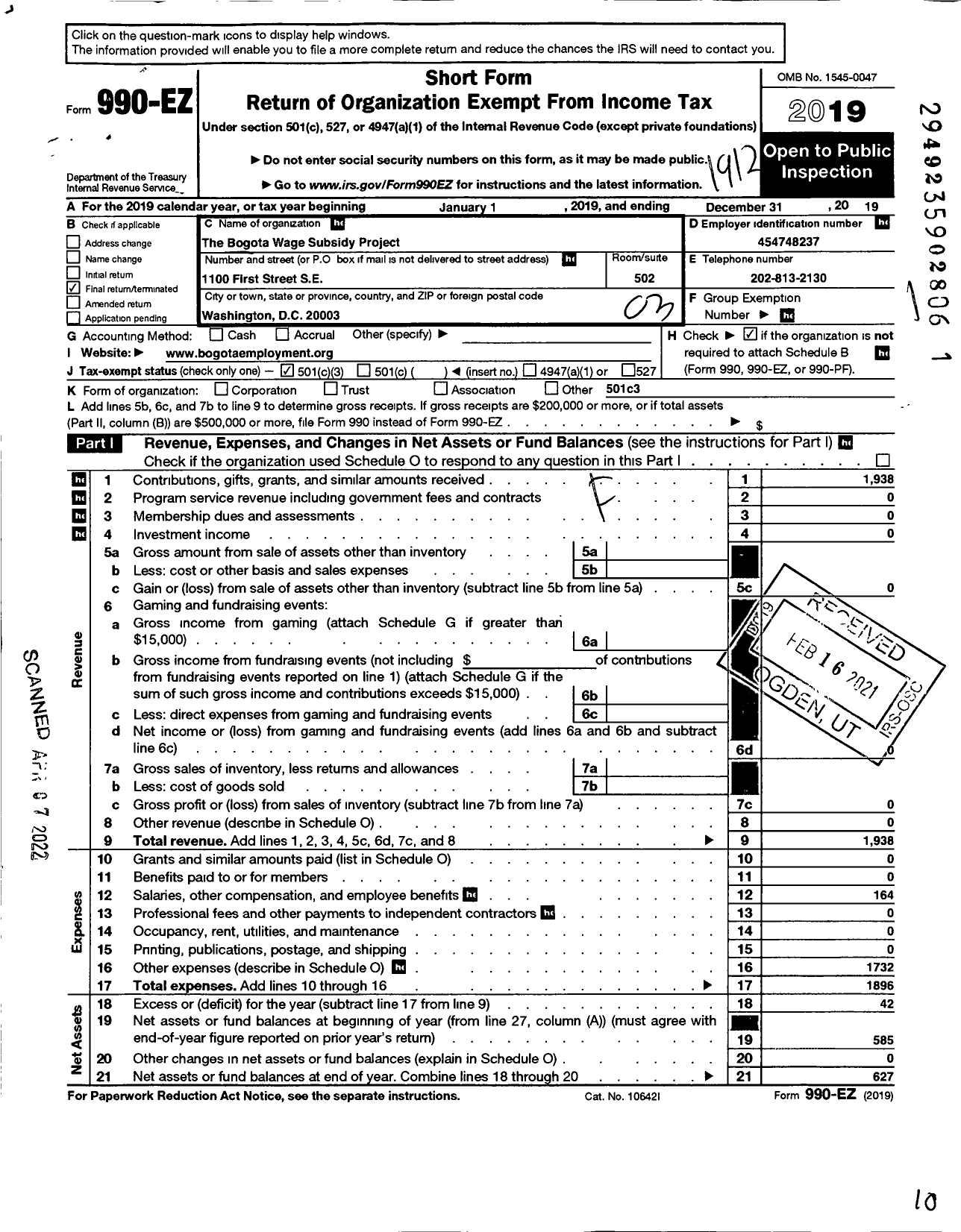 Image of first page of 2019 Form 990EZ for Bogota Wage Subsidy Project