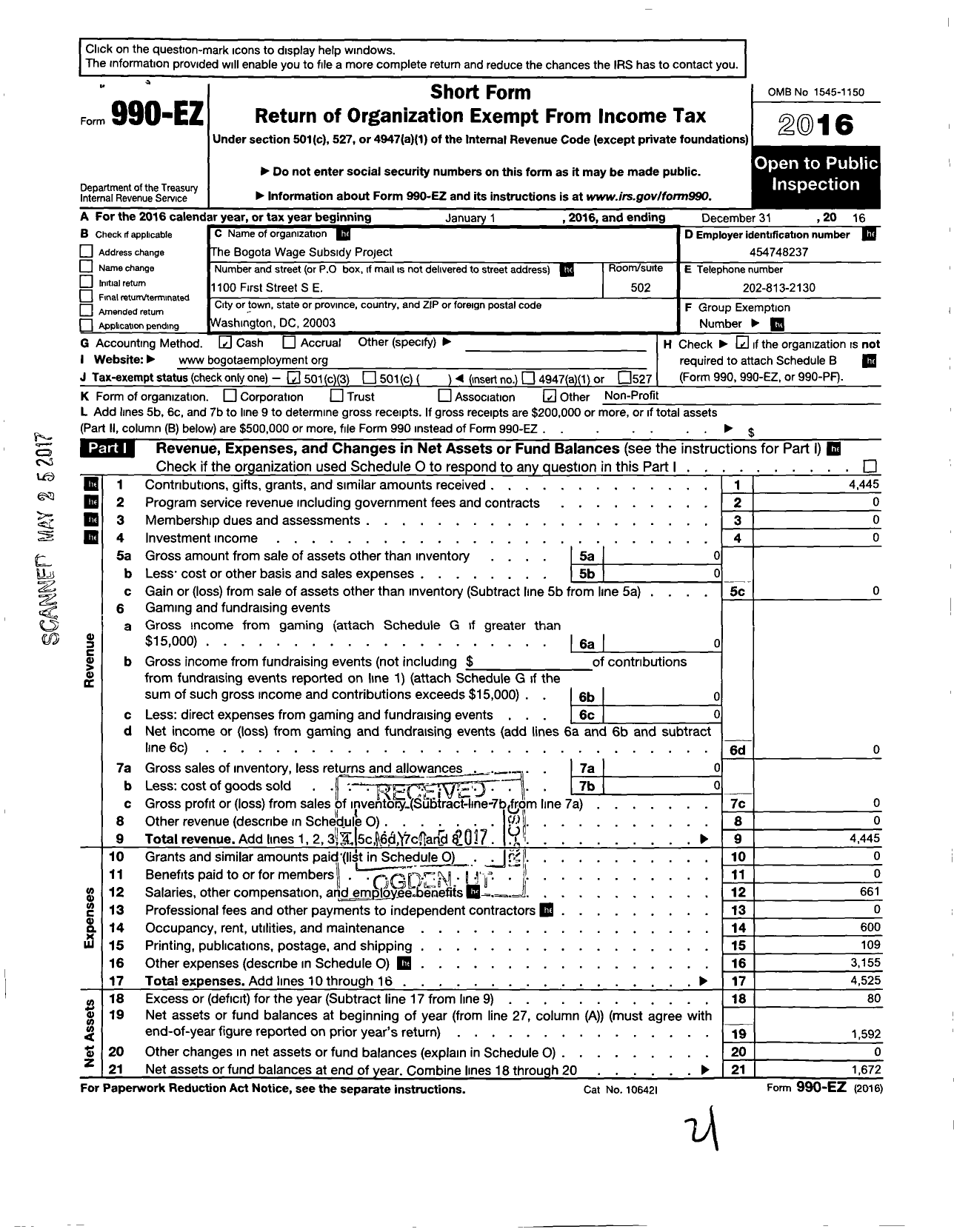 Image of first page of 2016 Form 990EZ for Bogota Wage Subsidy Project