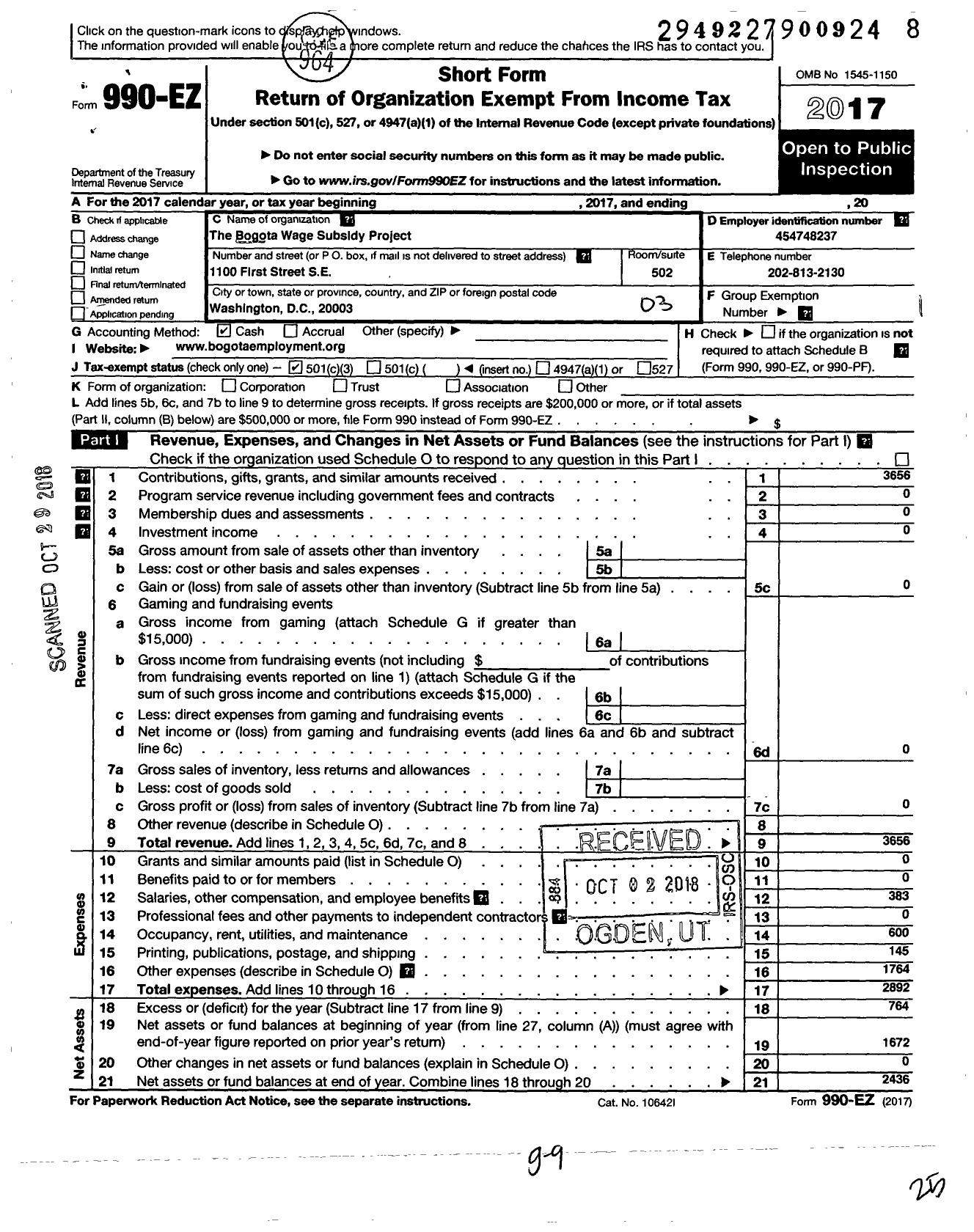 Image of first page of 2017 Form 990EZ for Bogota Wage Subsidy Project