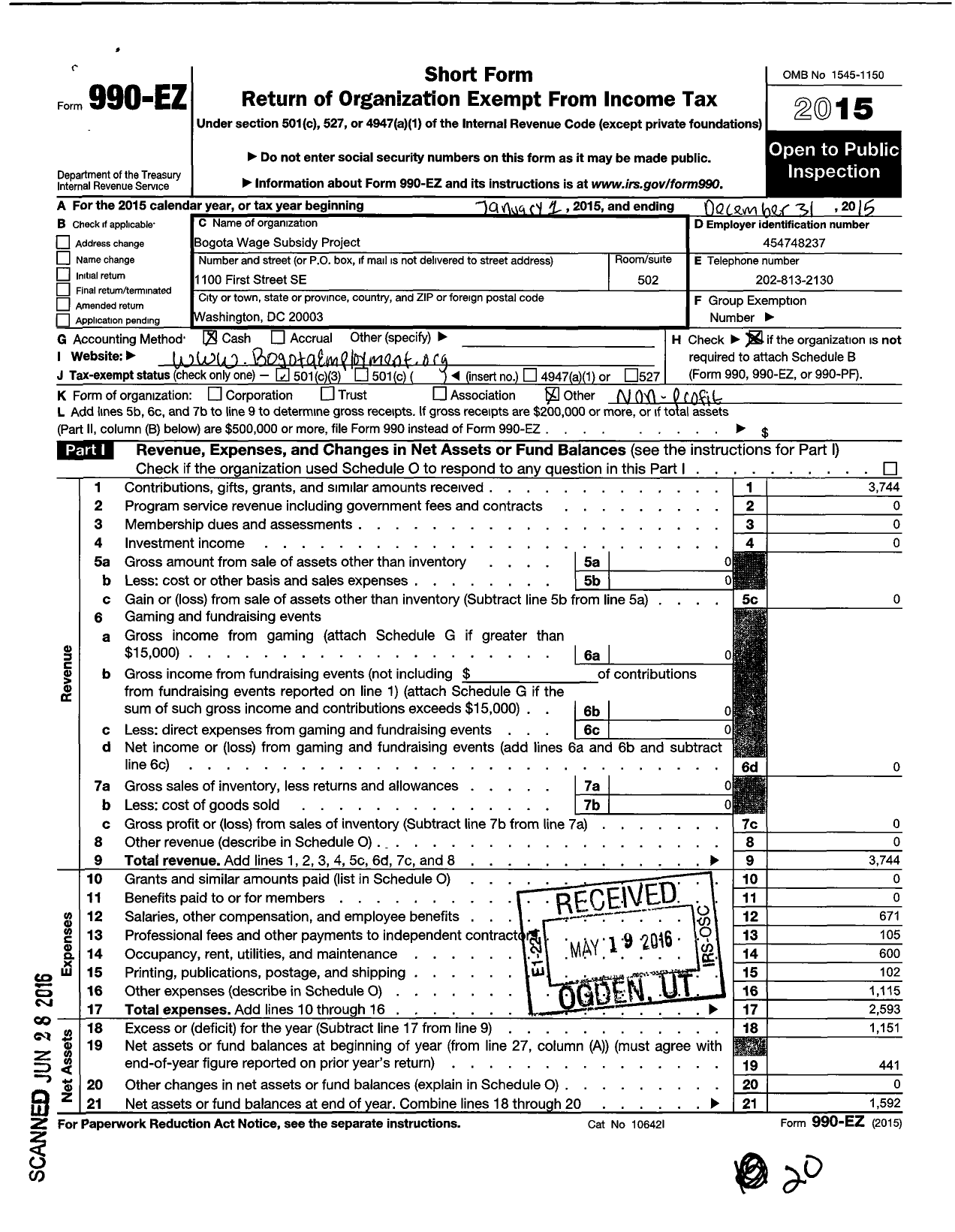 Image of first page of 2015 Form 990EZ for Bogota Wage Subsidy Project