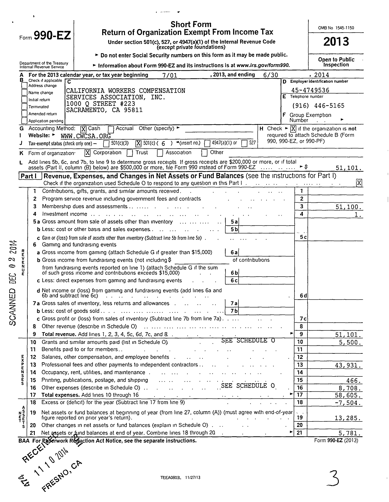 Image of first page of 2013 Form 990EO for California Professional Copy Service Association (CPCSA)