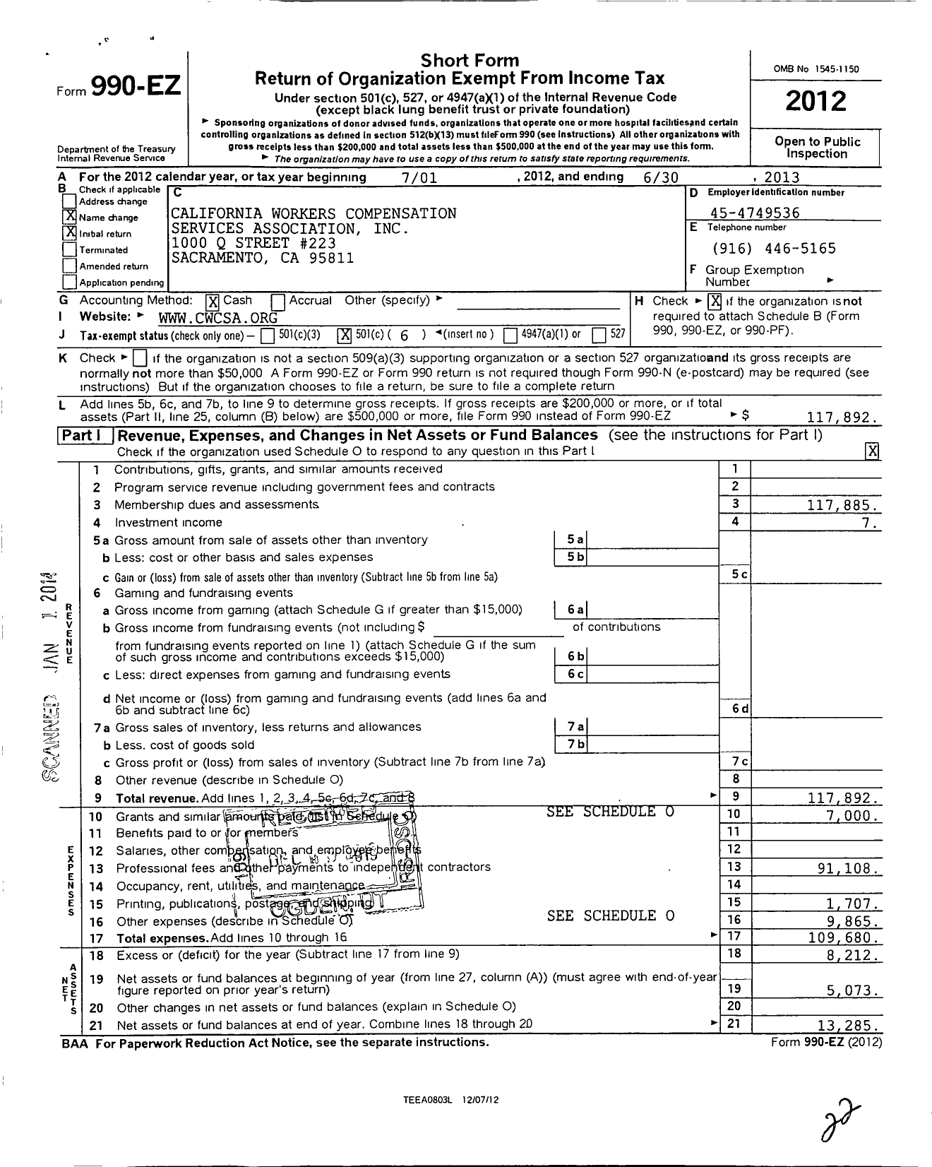 Image of first page of 2012 Form 990O for California Professional Copy Service Association (CPCSA)