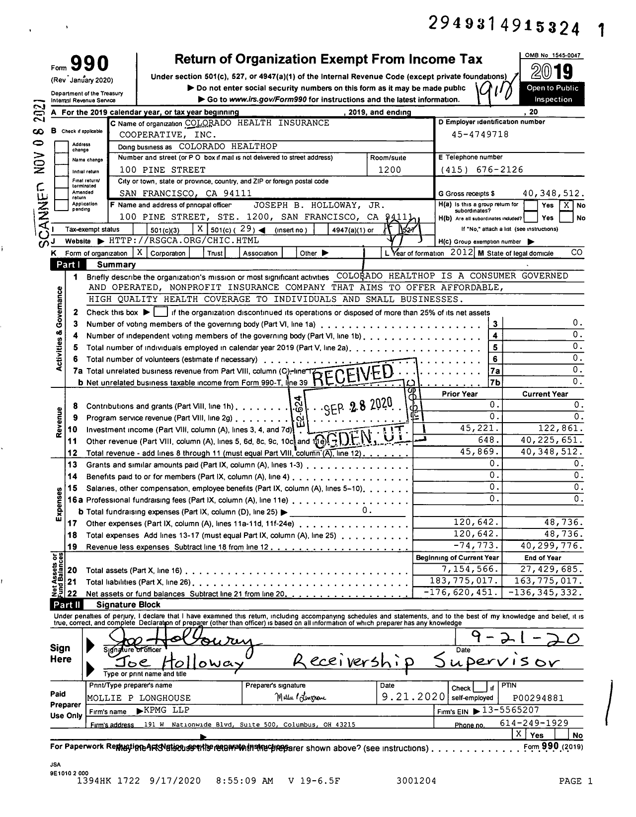 Image of first page of 2019 Form 990O for Colorado Healthop