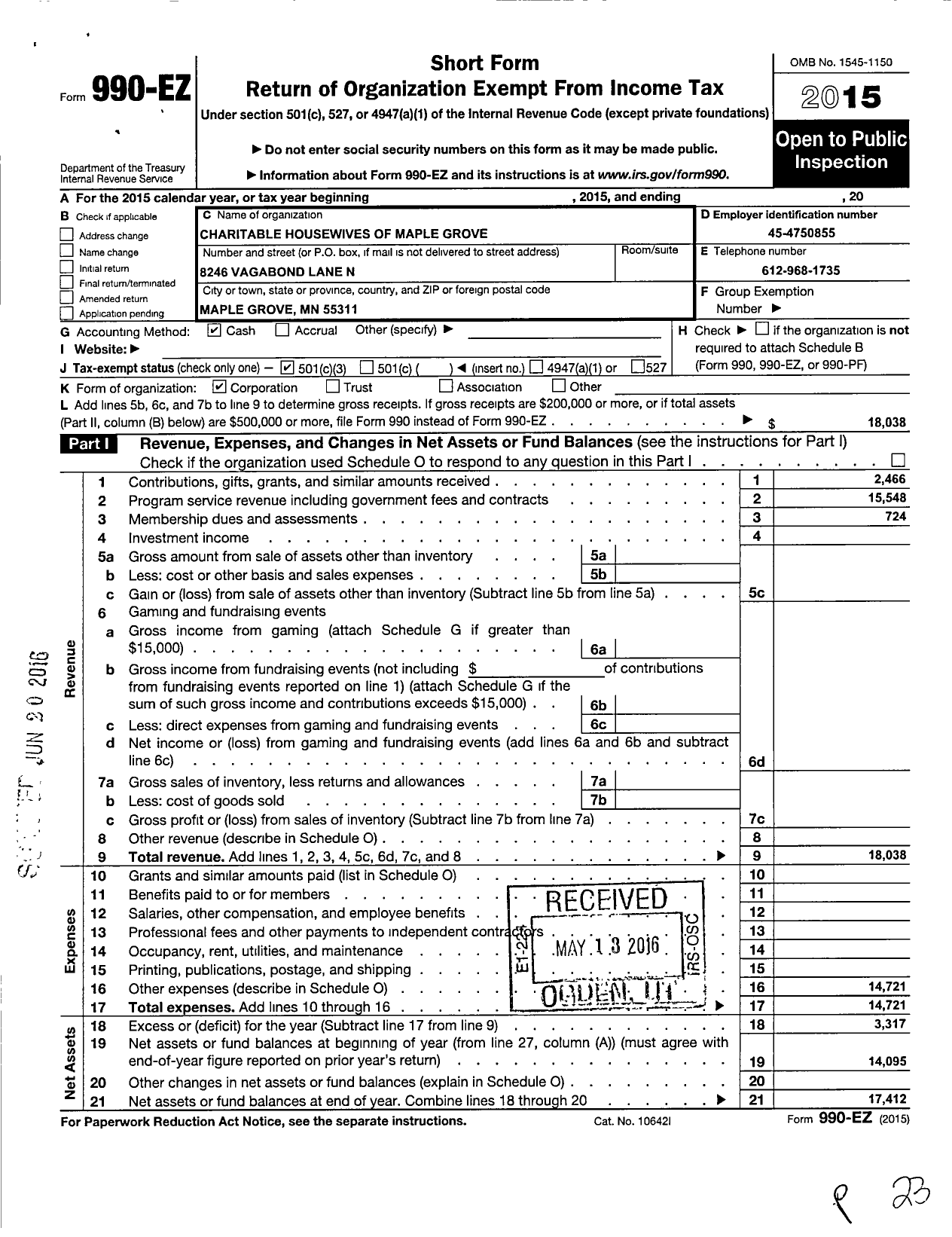 Image of first page of 2015 Form 990EZ for Charitable Housewives of Maple Grove