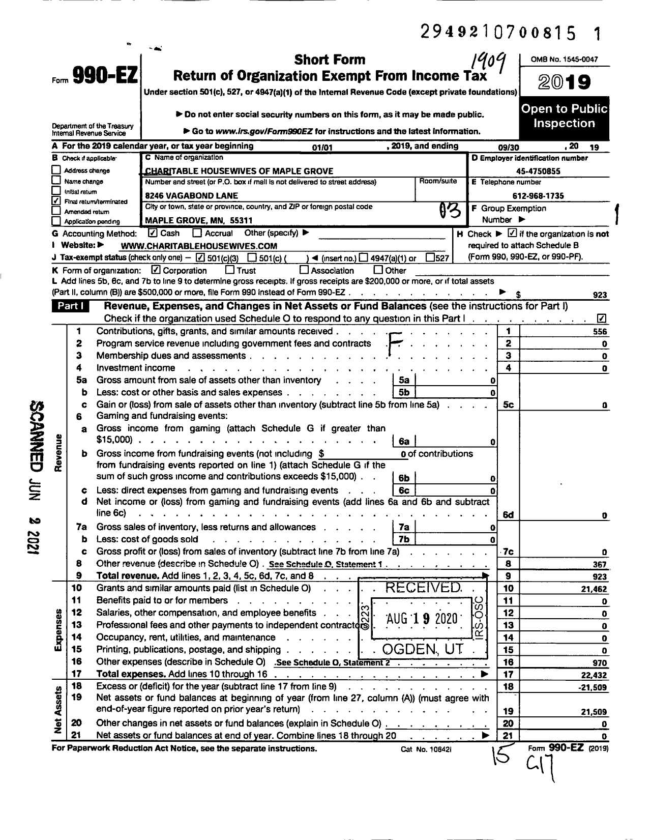 Image of first page of 2018 Form 990EZ for Charitable Housewives of Maple Grove