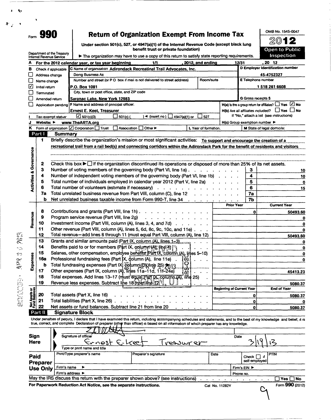 Image of first page of 2012 Form 990 for Adirondack Rail Trail Association