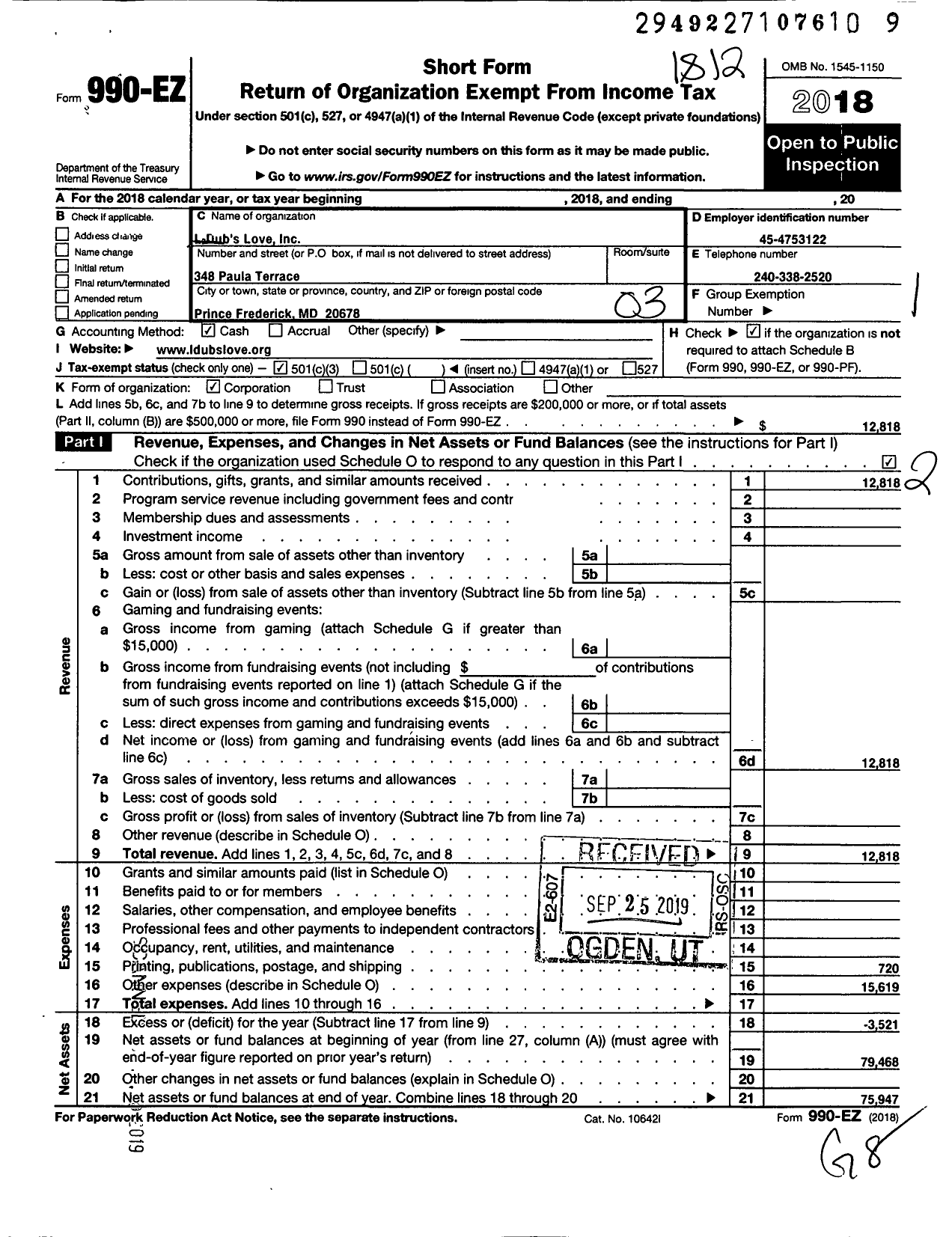 Image of first page of 2018 Form 990EZ for L-Dubs Love