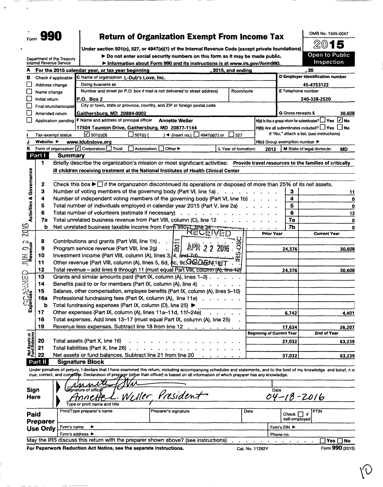 Image of first page of 2015 Form 990 for L-Dubs Love